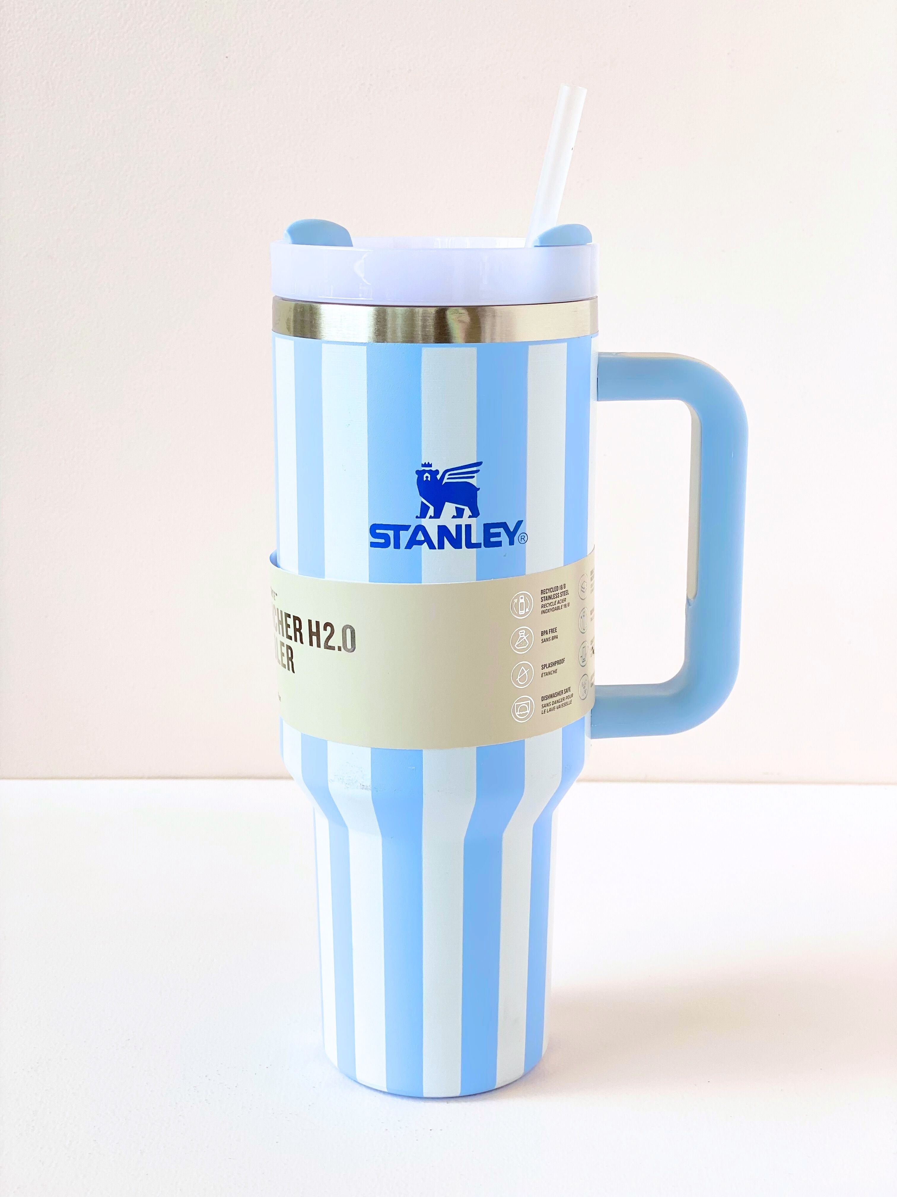 Striped Stanley H2.0 Quencher Tumbler – 40oz Leakproof Travel Cup with Handle & Straw