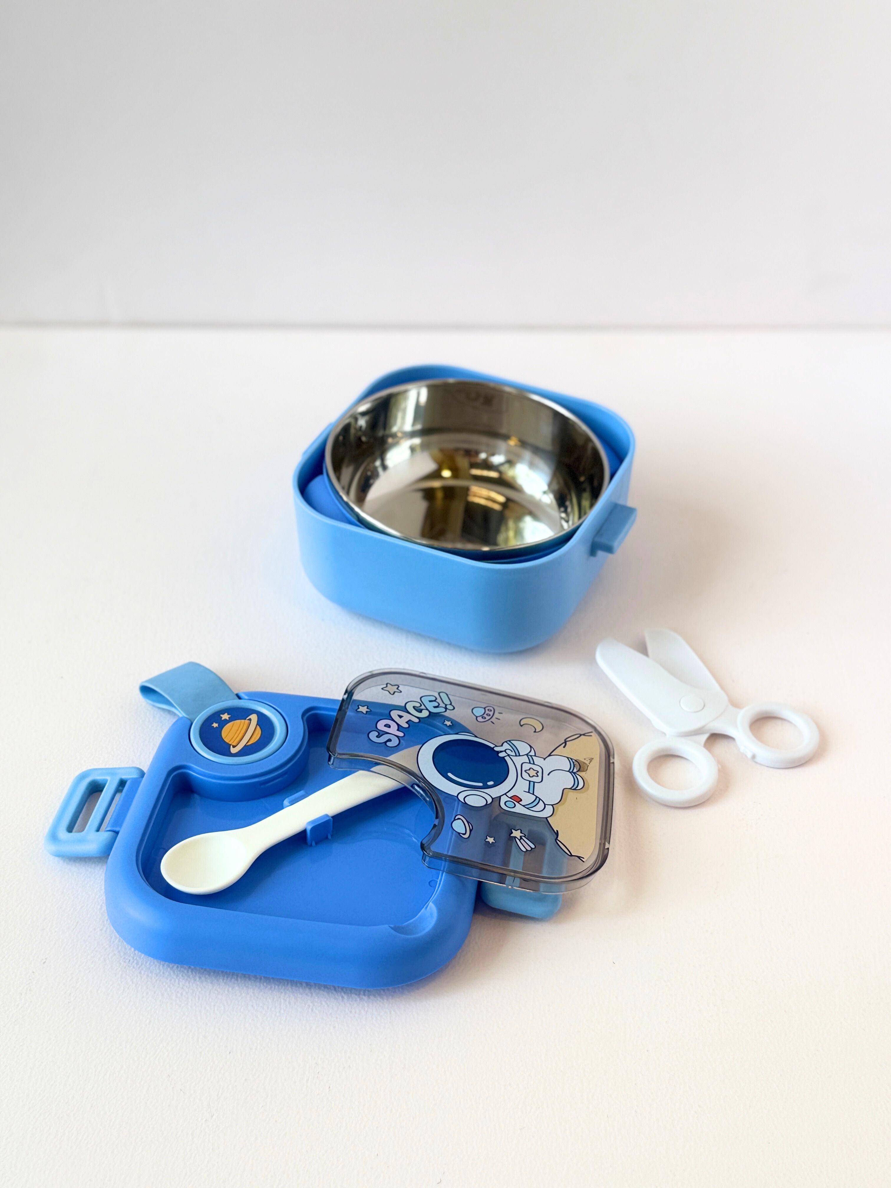 Toddler Space-Themed Feeding Set – Stainless Steel Bowl with Spoon, Lid & Safety Scissors