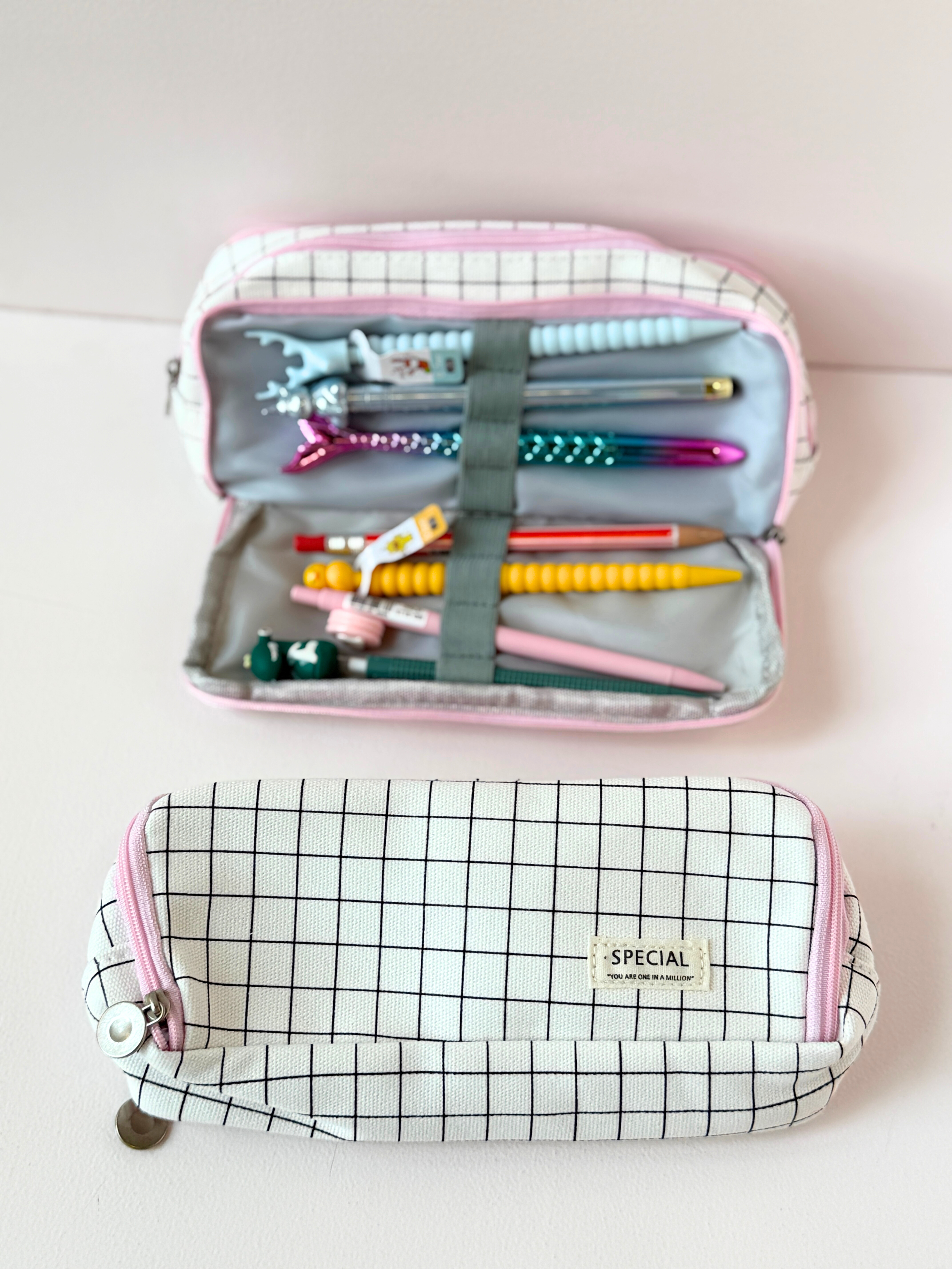Pastel Grid Double-Layer Pencil Case – Cute & Spacious Organizer for School & Office