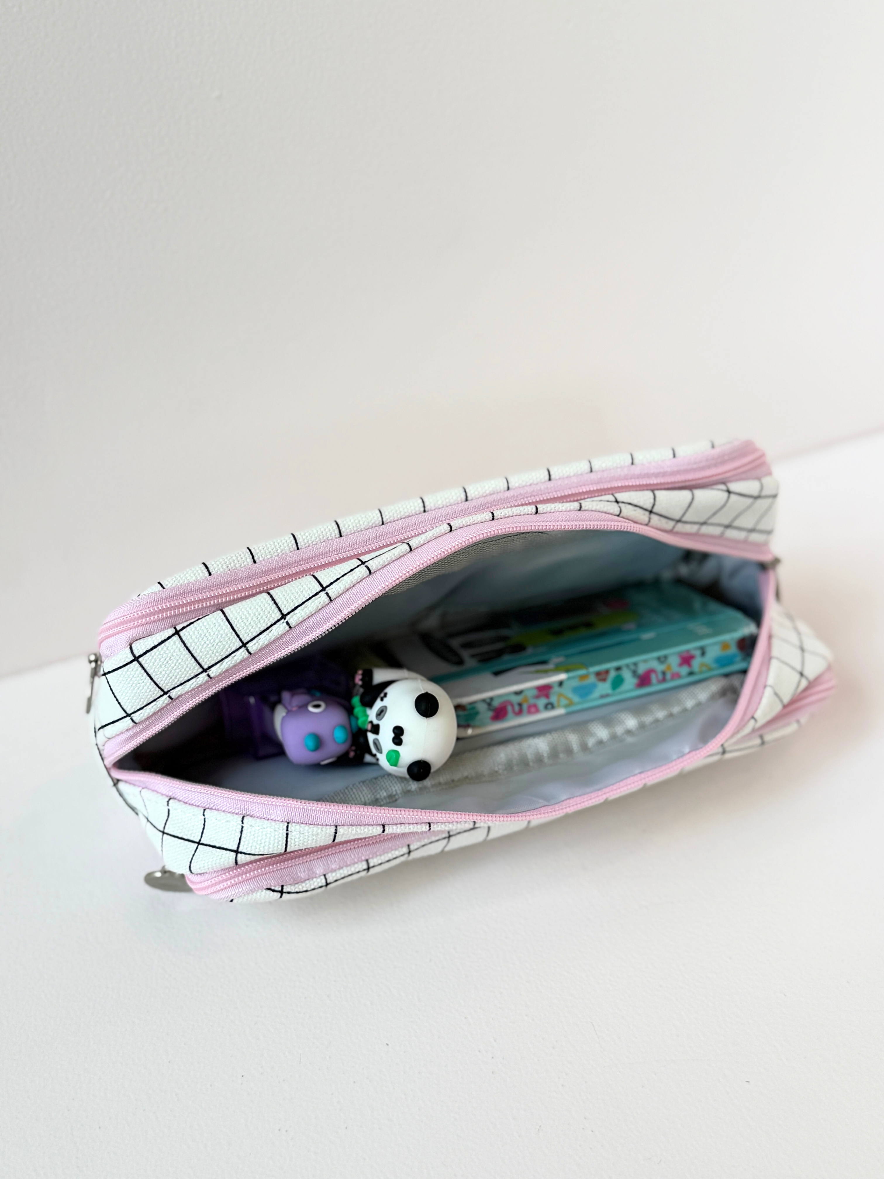 Pastel Grid Double-Layer Pencil Case – Cute & Spacious Organizer for School & Office