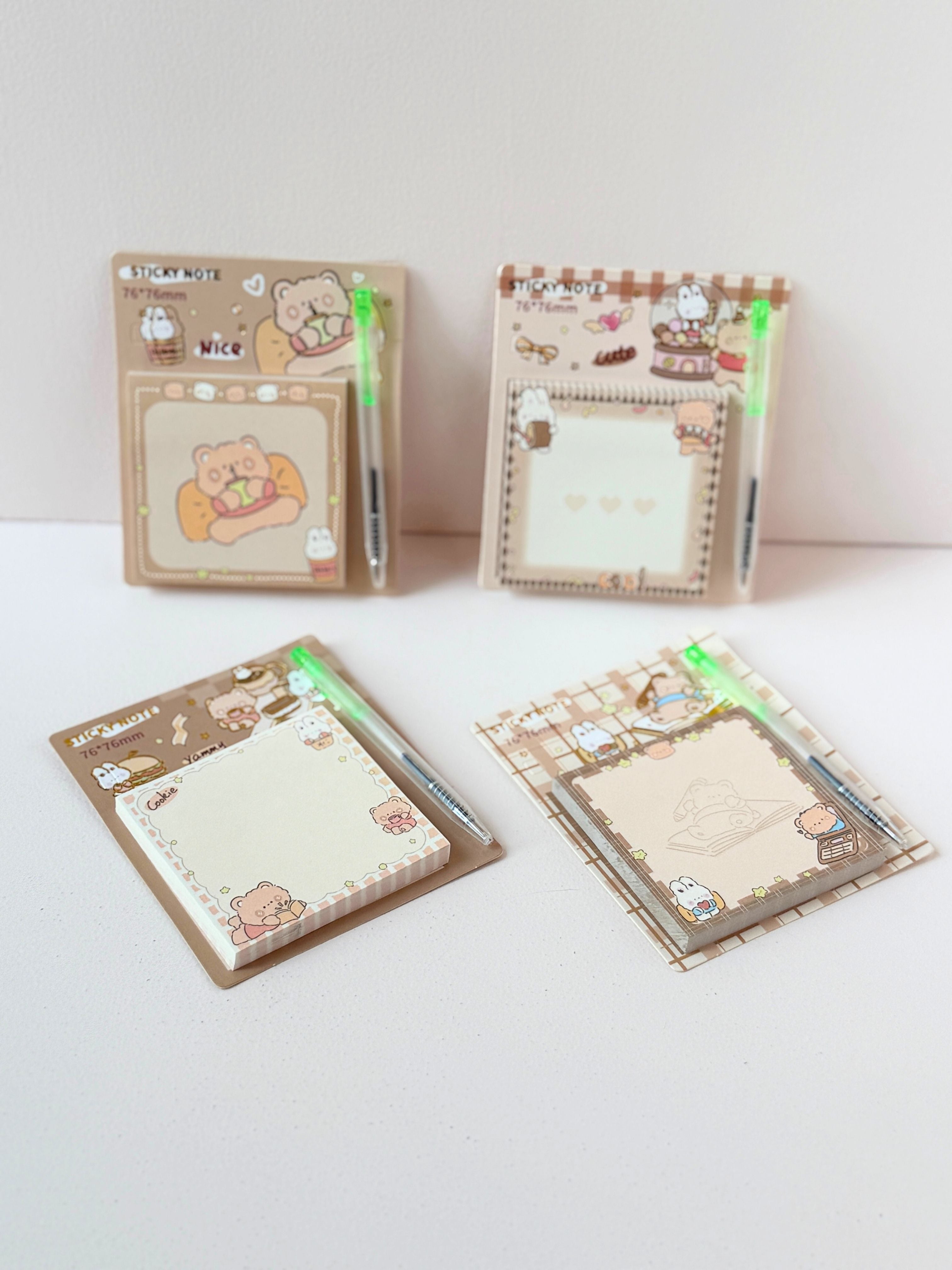 Cute Bear Sticky Note Pad with Pen – 76x76mm | Kawaii Memo Paper for Notes & Journaling