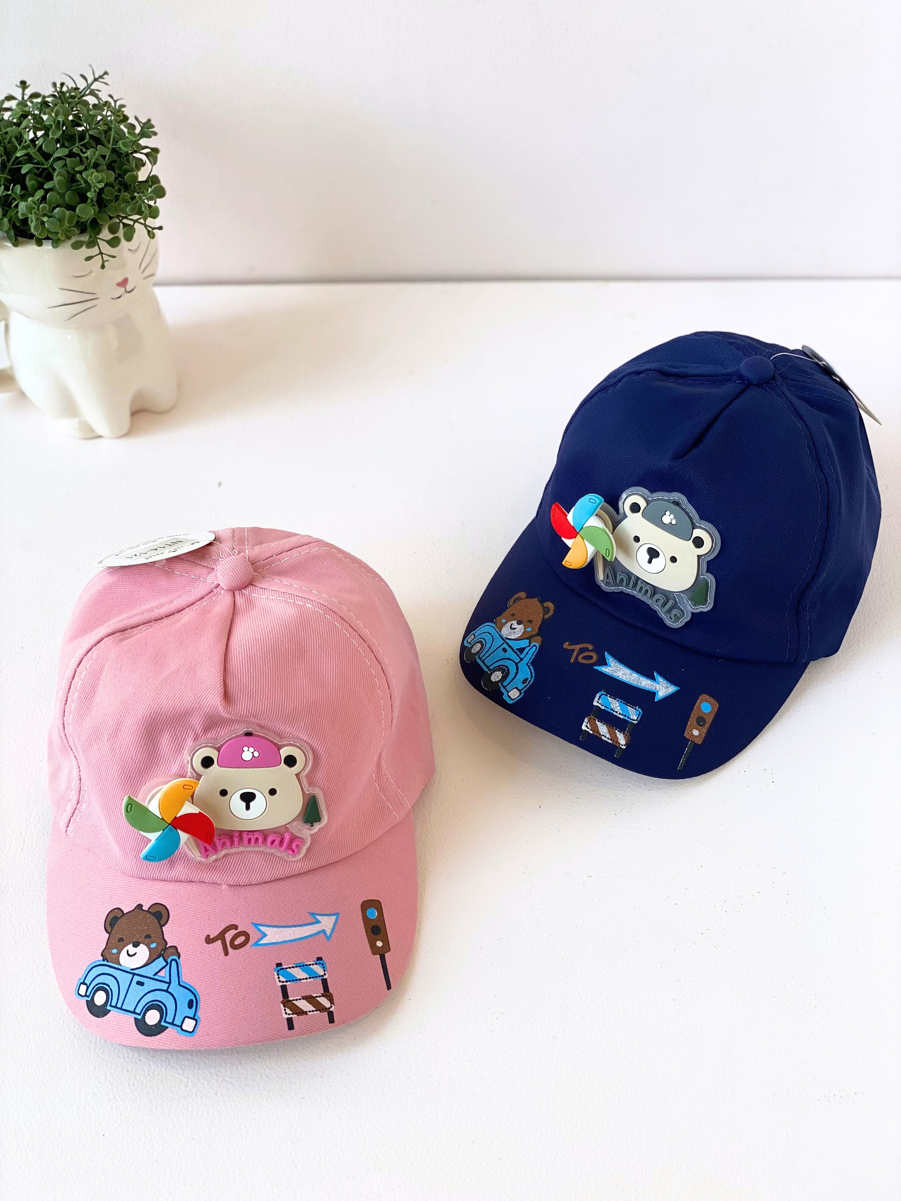 Cute Bear & Car Adventure Kids Cap – Navy Blue or Pink | 3D Pinwheel & Traffic Theme