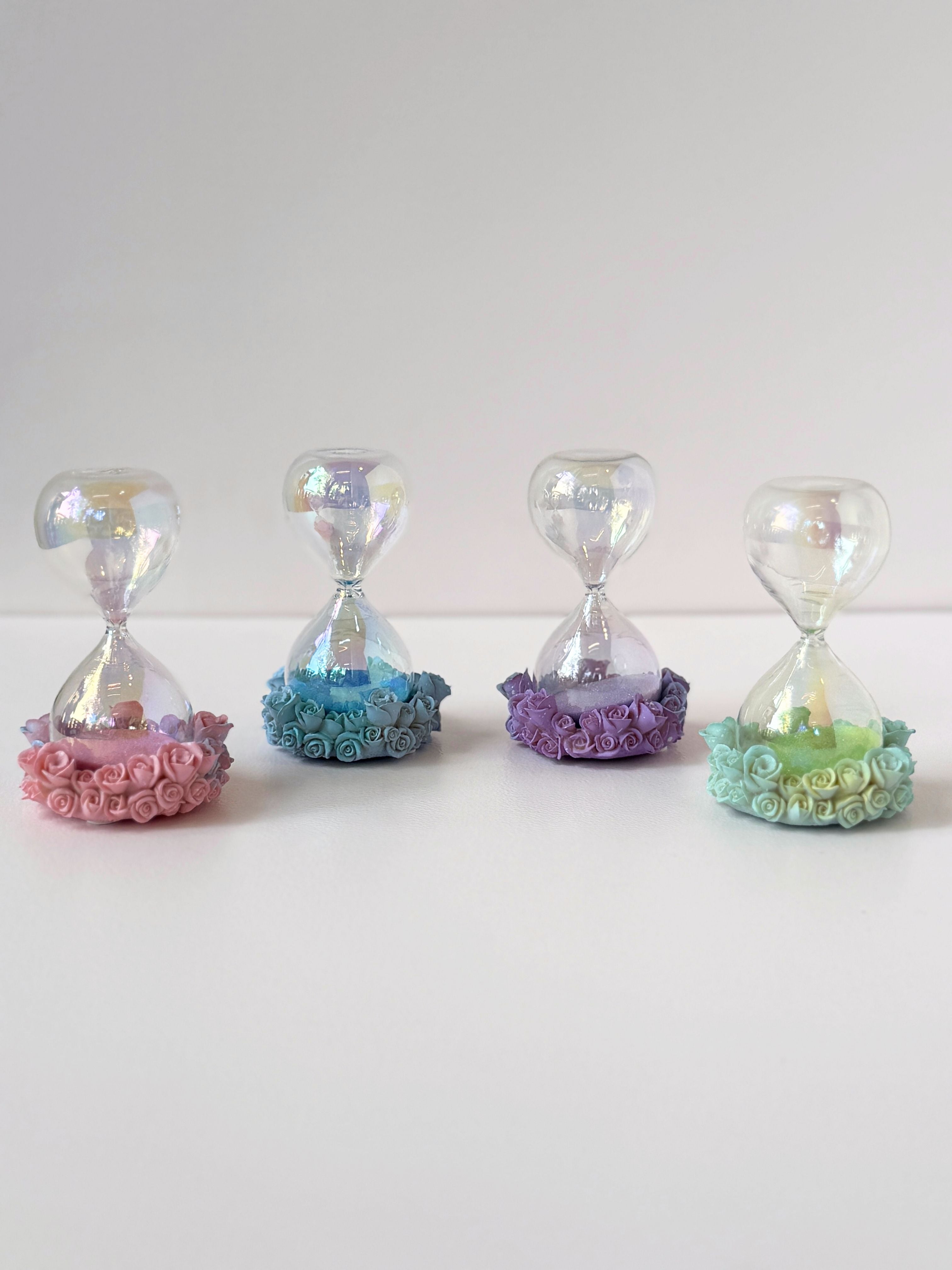 Enchanted Bloom Hourglass – Pastel Sand Timer with Rose Detailing