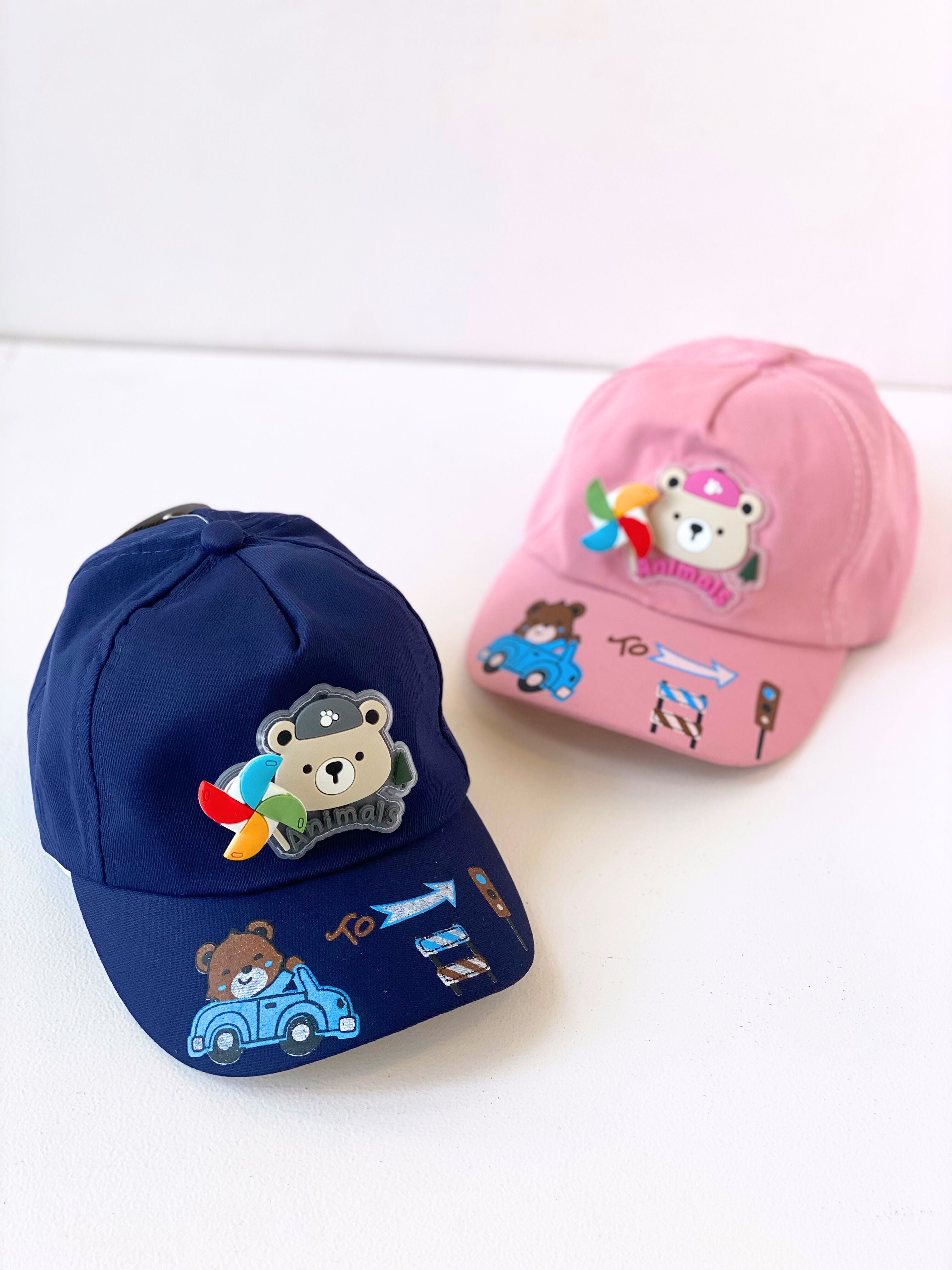 Cute Bear & Car Adventure Kids Cap – Navy Blue or Pink | 3D Pinwheel & Traffic Theme