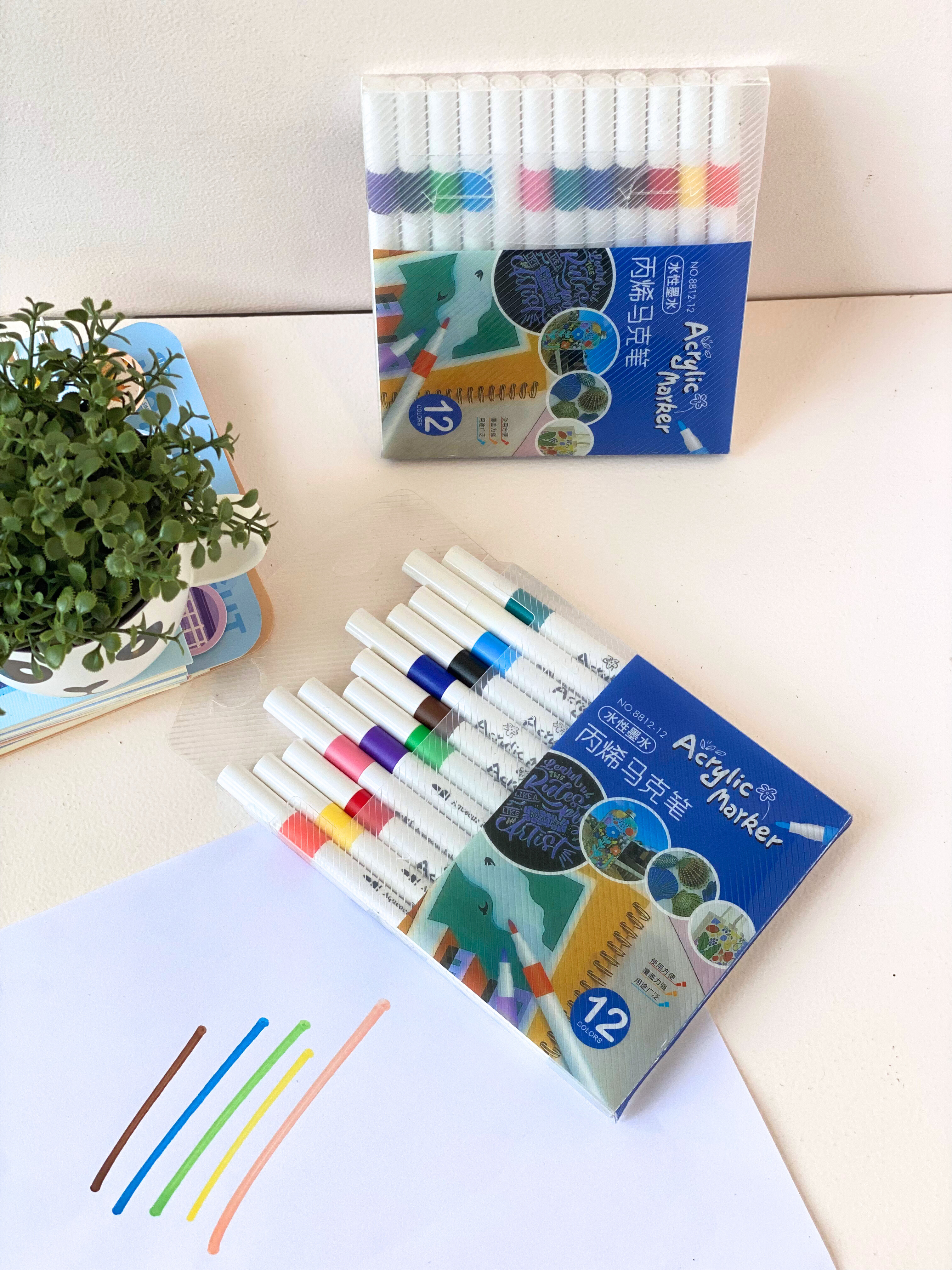 12-Color Acrylic Marker Pen Set – Waterproof Paint Pens for Rock, Wood, Glass, DIY Crafts & More