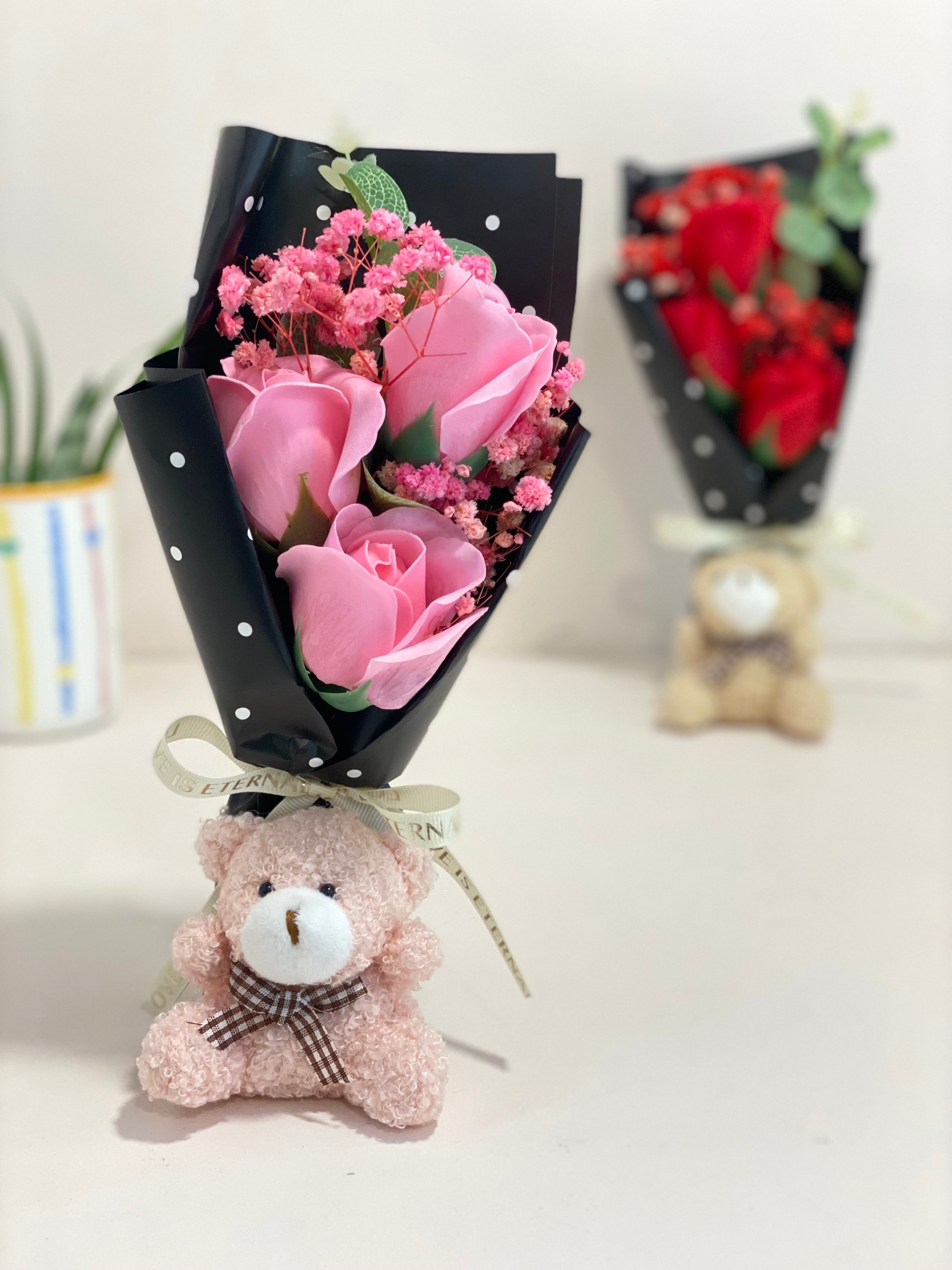 Teddy Bear Flower Bouquet Gift with Handle Display Box | Cute Plush Bear Artificial Rose Bouquet | Ready-to-Gift Romantic Keepsake