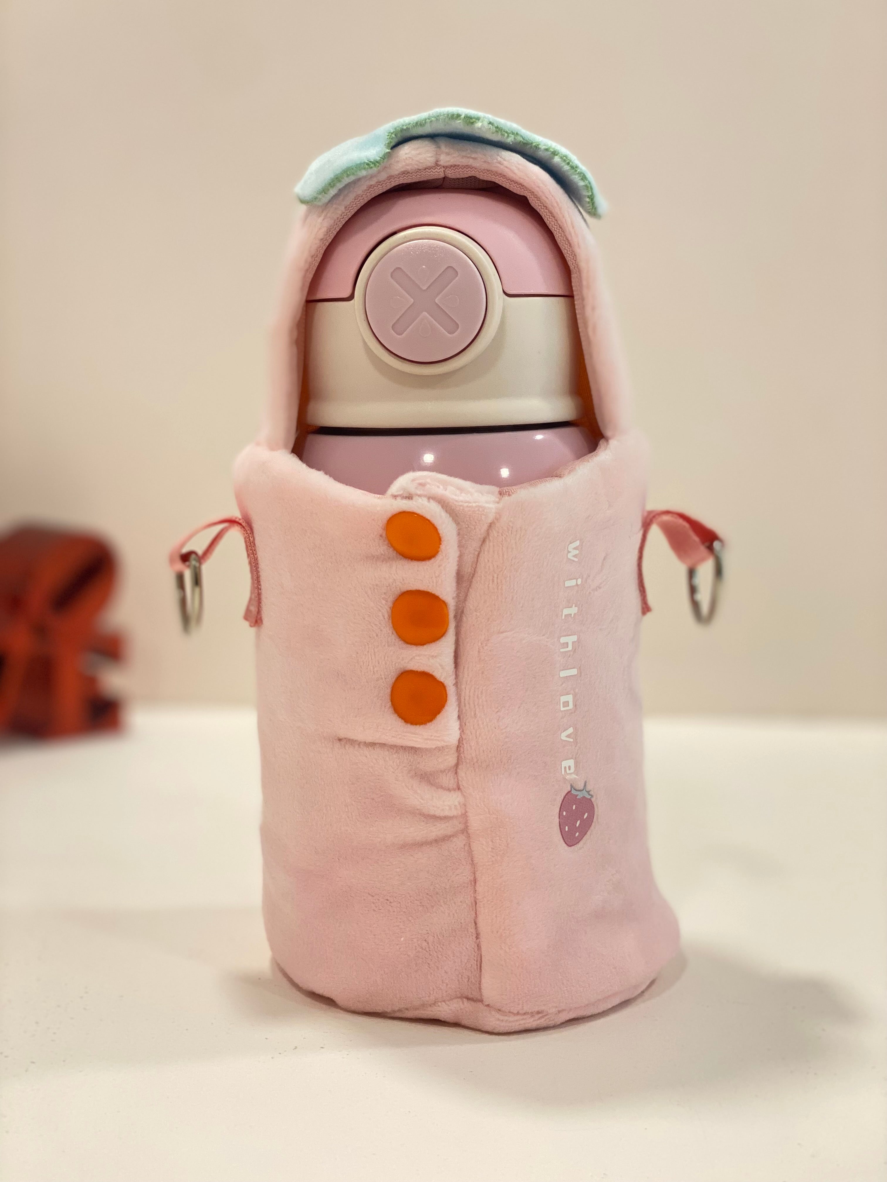 Kids Insulated Water Bottle with Cute Plush Cover & Strap – Leakproof Stainless Steel Sipper (Pink Ice Cream Design)