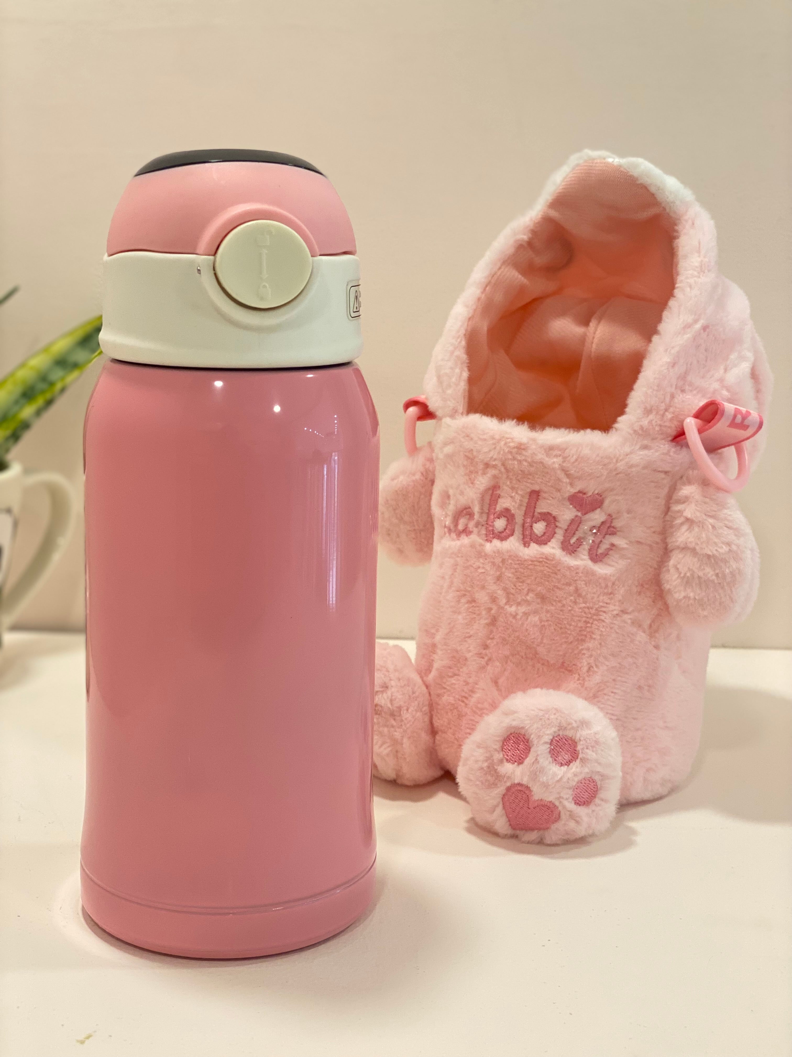 Kids Insulated Water Bottle with Cute Plush Cover & Strap – Leakproof Stainless Steel Sipper (Pink Ice Cream Design)