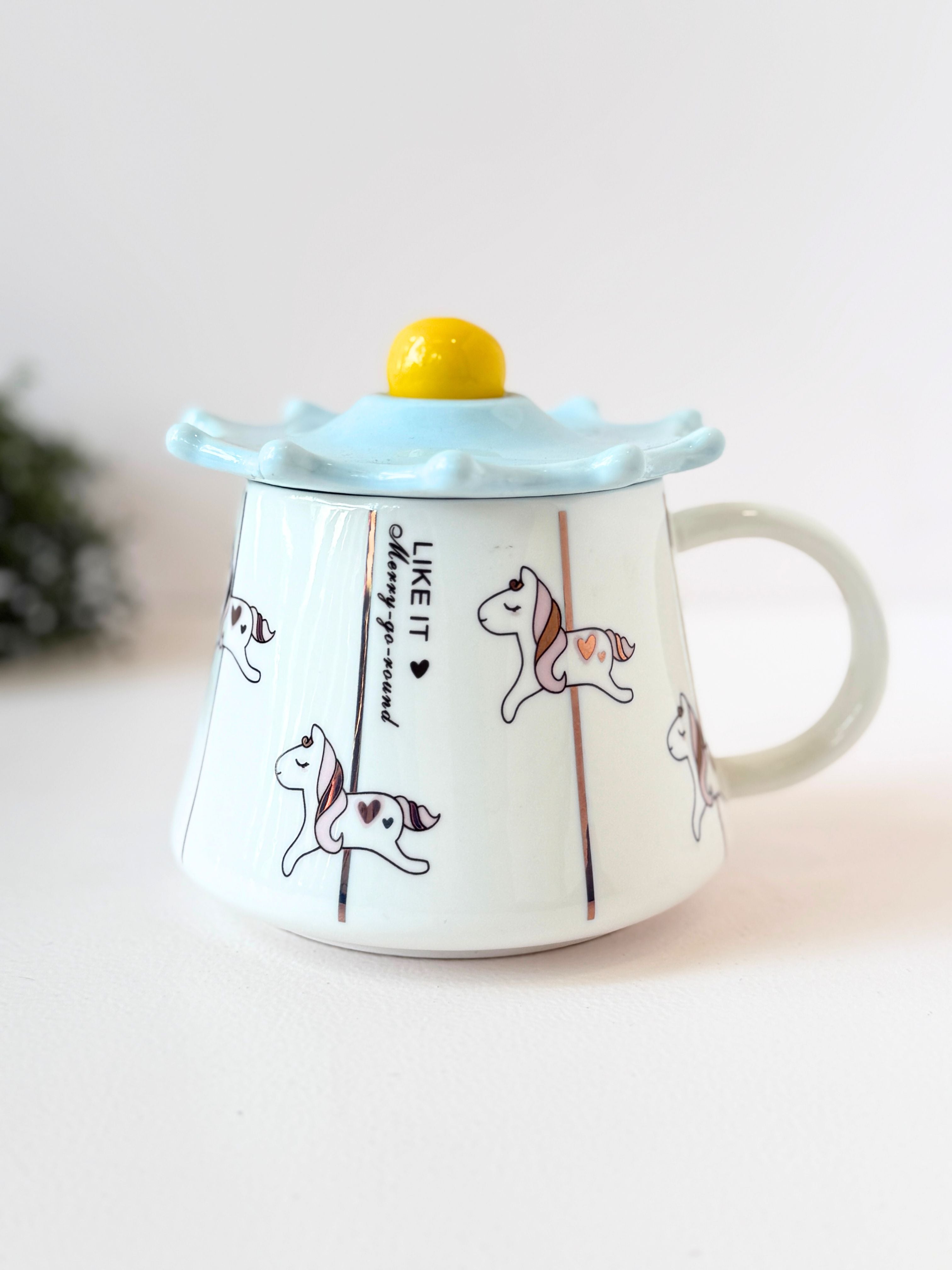 Unicorn Ceramic Mug with Lid & Spoon – Cute Coffee Mug with Carousel Horse Design