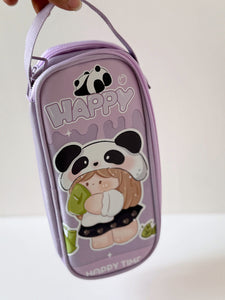 Cute Panda Pencil Case – Multi-Compartment Zipper Pouch with Stationery Set | “Happy Time” Design