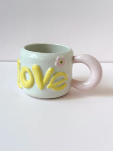 Handmade LOVE Ceramic Mug – Colorful Handle & Flower Accent