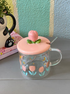 Flower Glass Mug With Lid & Spoon