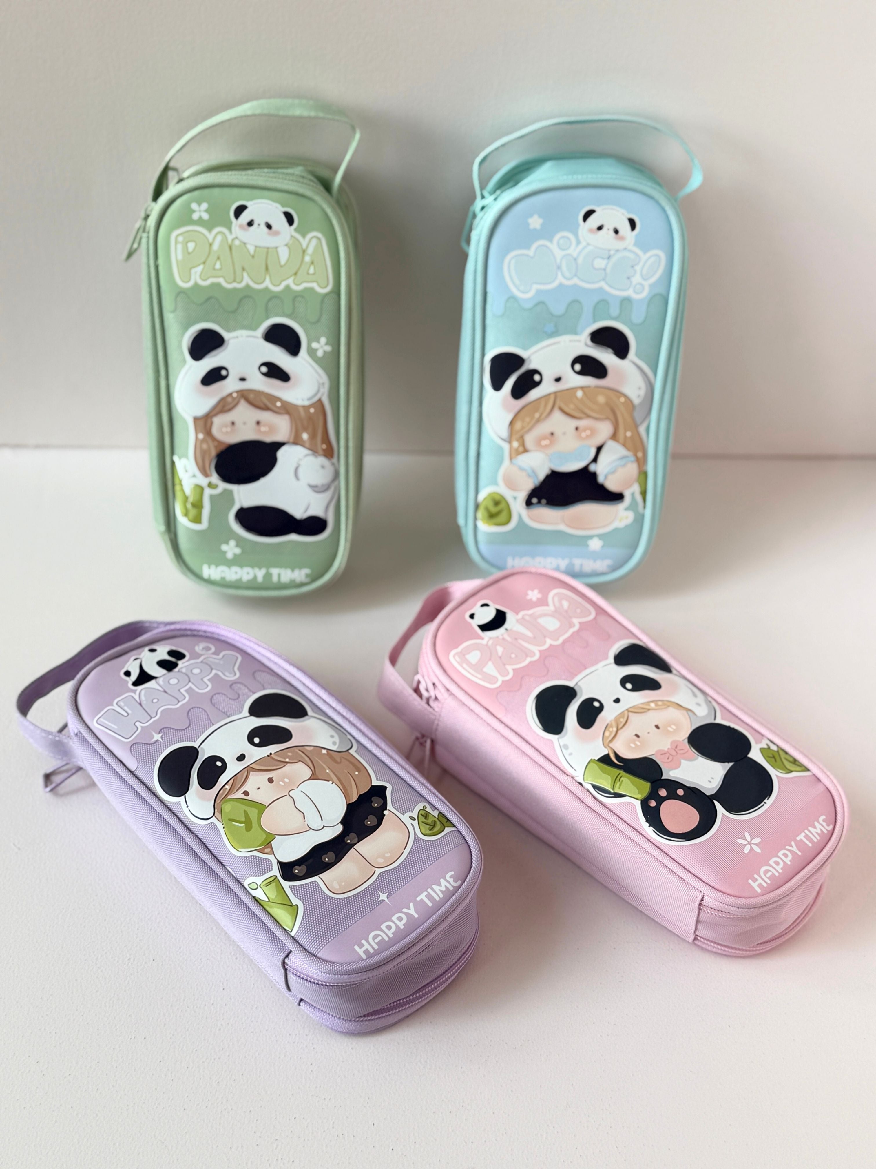 Cute Panda Pencil Case – Multi-Compartment Zipper Pouch with Stationery Set | “Happy Time” Design