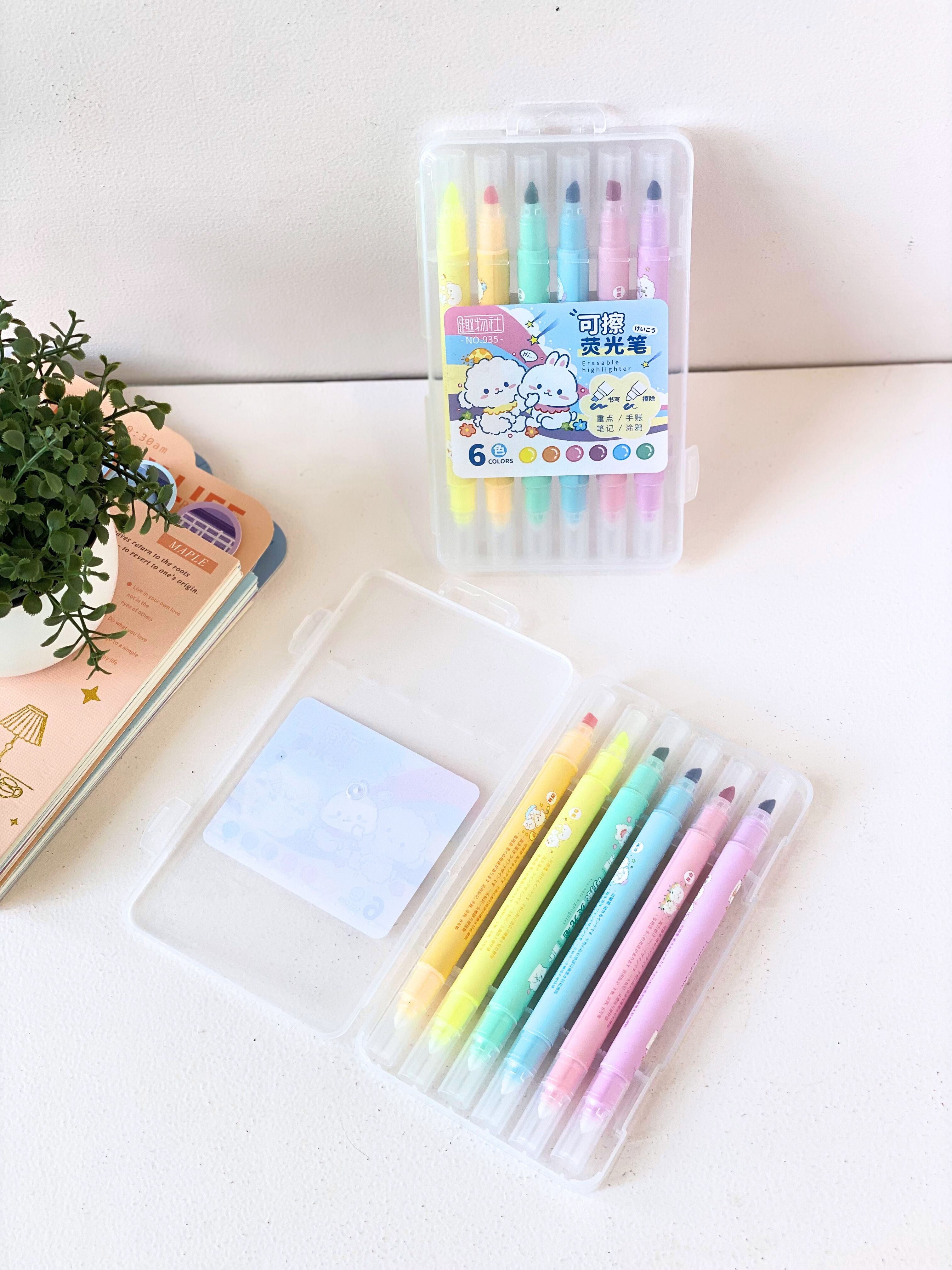 Pastel Erasable Highlighter Pen Set | 6-Color Cute Cartoon Highlighters with Case