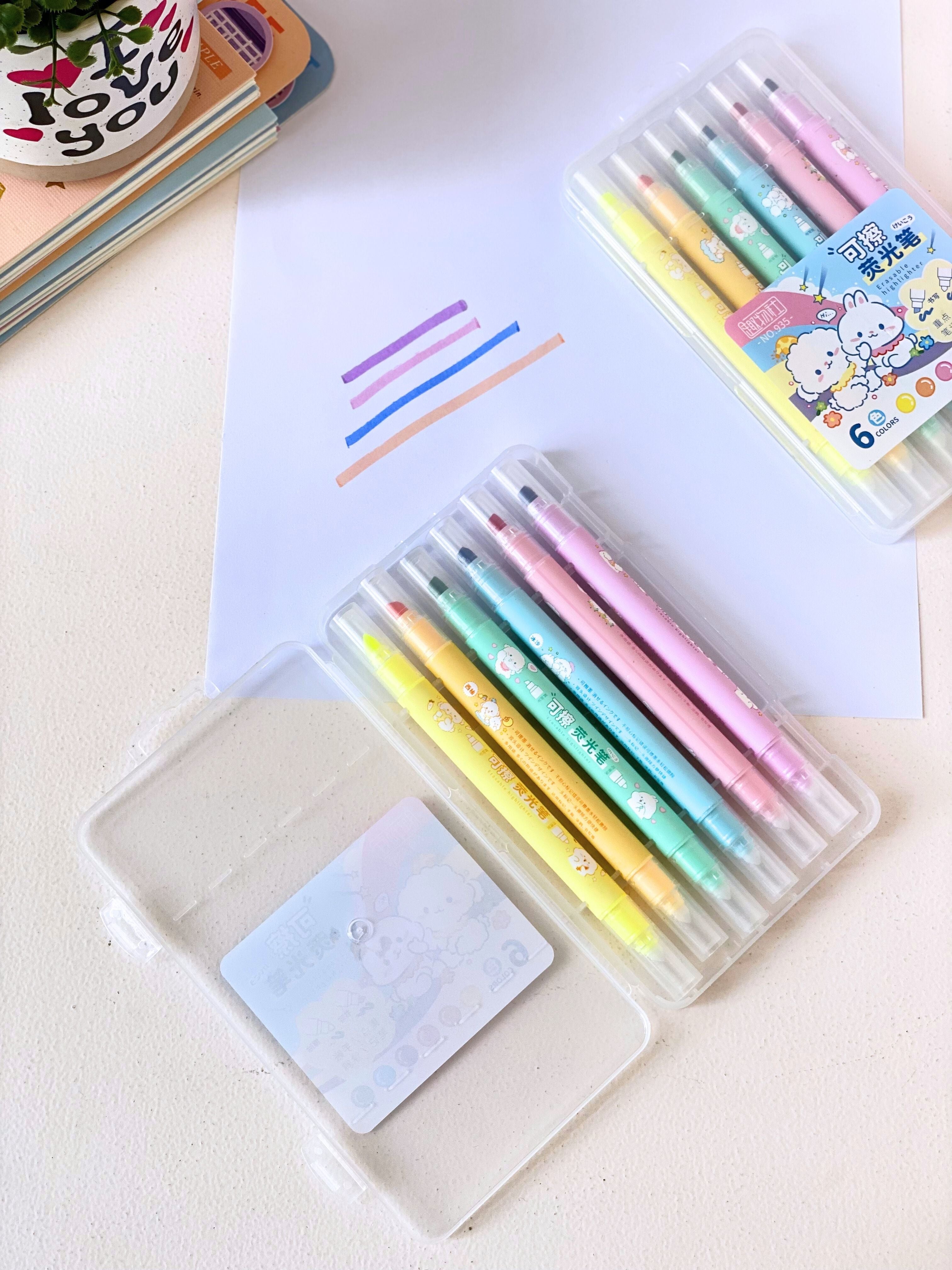 Pastel Erasable Highlighter Pen Set | 6-Color Cute Cartoon Highlighters with Case