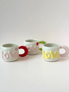Handmade LOVE Ceramic Mug – Colorful Handle & Flower Accent