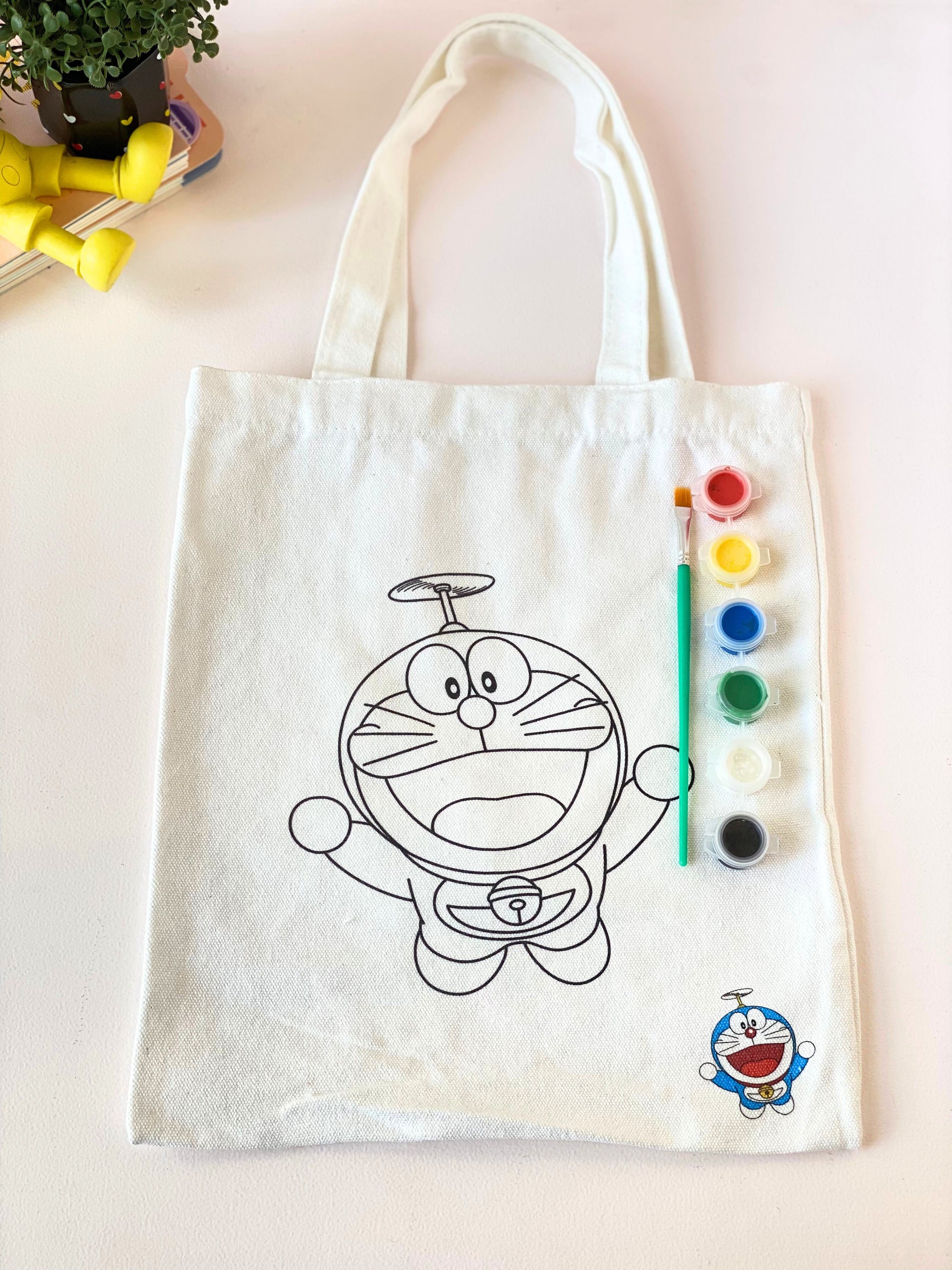 DIY Paintable Canvas Tote Bag Kit for Kids Reusable Coloring Activity  with Paint Brush