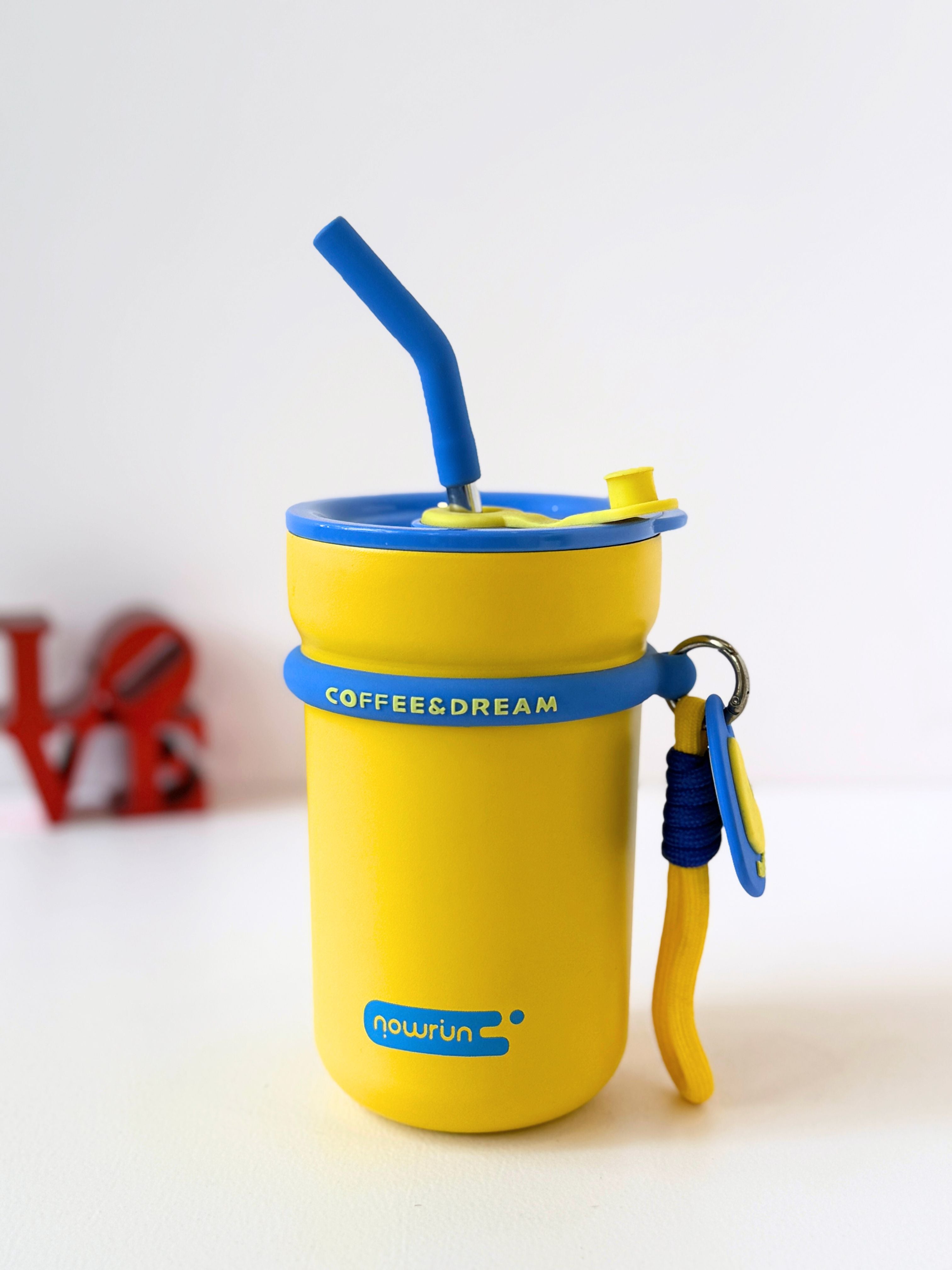 Vibrant Silicone "Coffee & Dream" Stainless Steel Straw Tumbler – 400ml Insulated Travel Mug with Handle Loop