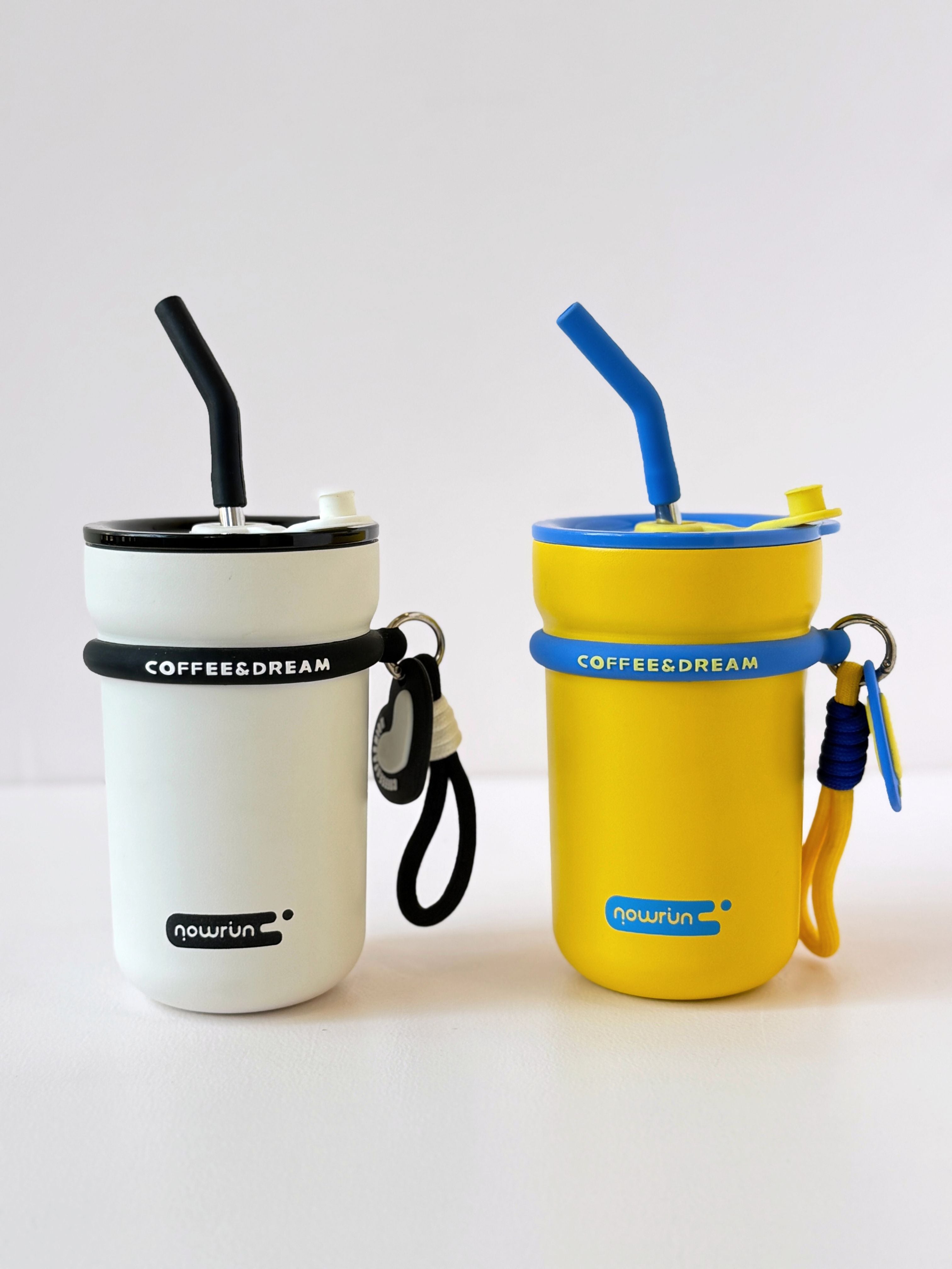 Vibrant Silicone "Coffee & Dream" Stainless Steel Straw Tumbler – 400ml Insulated Travel Mug with Handle Loop