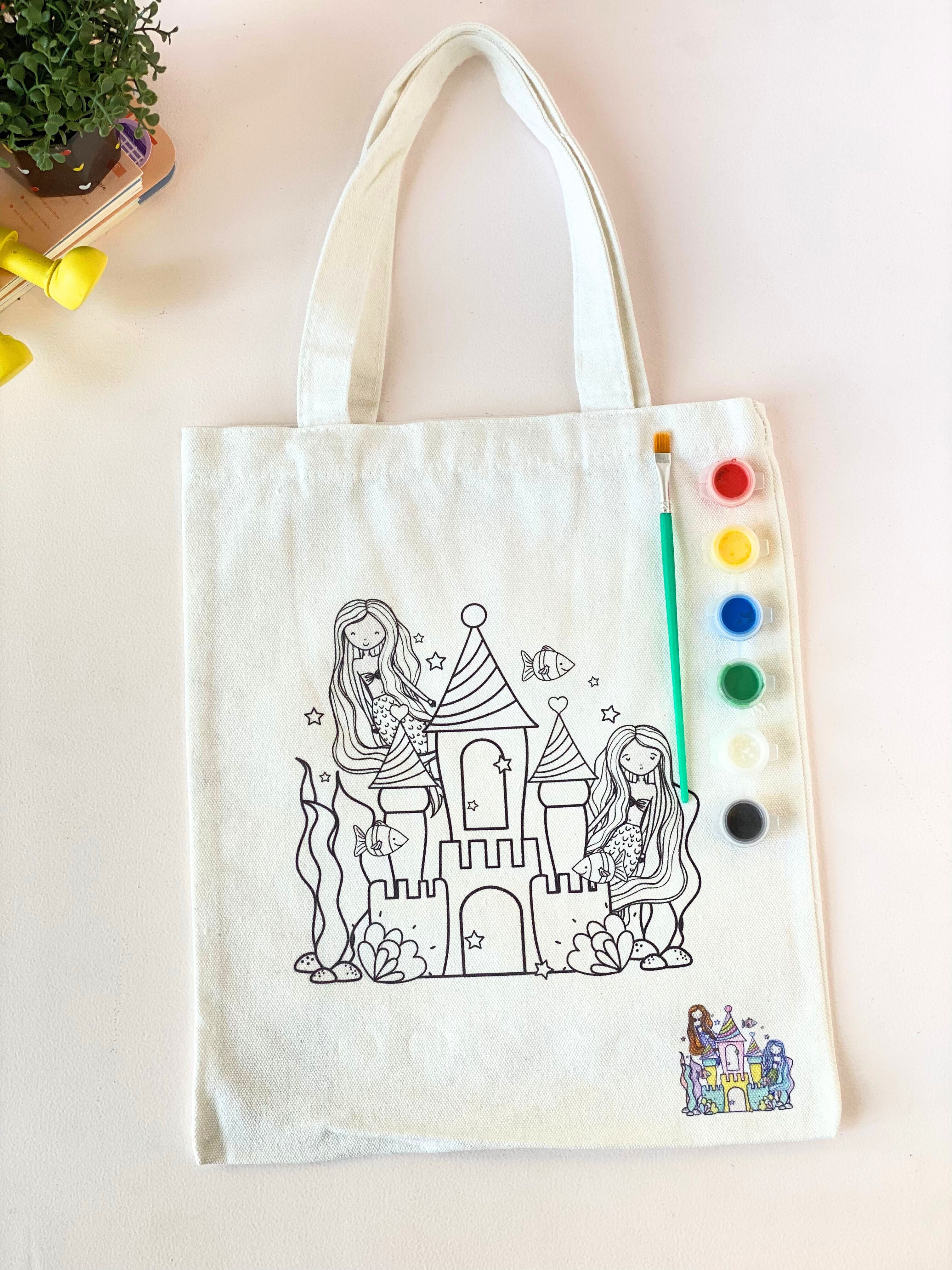 DIY Paintable Canvas Tote Bag Kit for Kids Reusable Coloring Activity with Paint Brush