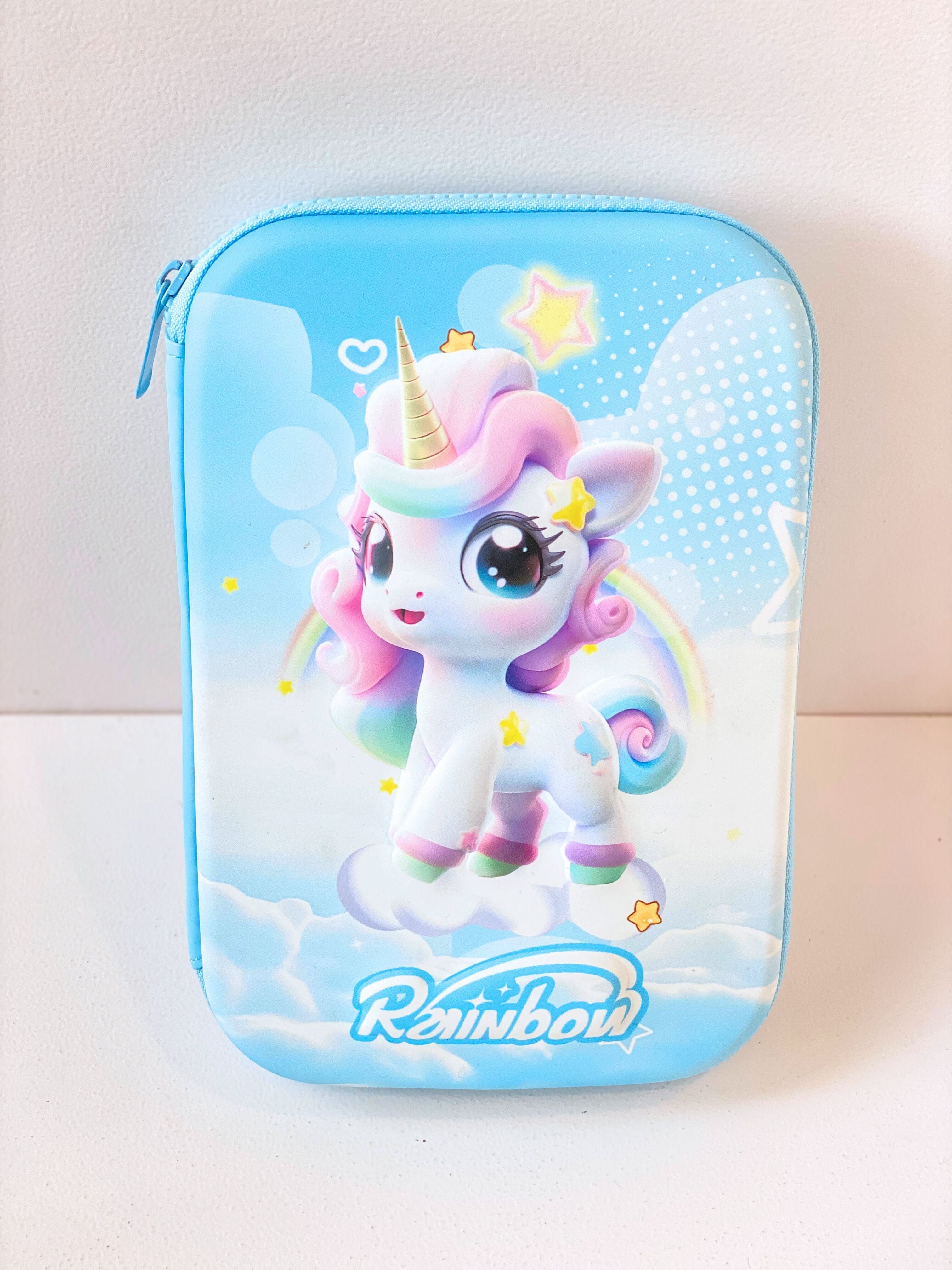 Unicorn-Themed Stationery Hamper for Kids – 15-in-1 Curated Pencil Case Gift Set with Highlighters, Erasers & More (Blue Hard Shell Case)