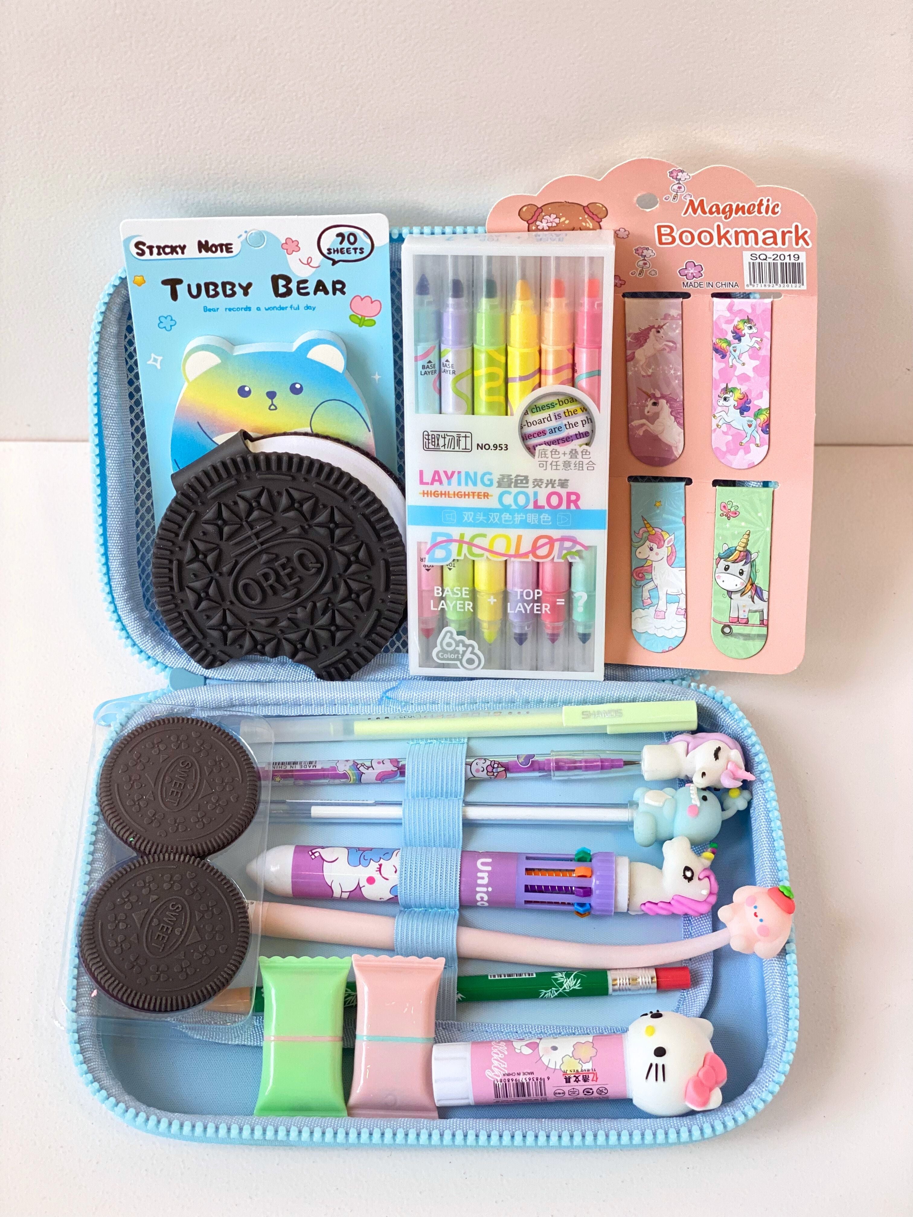 Unicorn-Themed Stationery Hamper for Kids – 15-in-1 Curated Pencil Case Gift Set with Highlighters, Erasers & More (Blue Hard Shell Case)