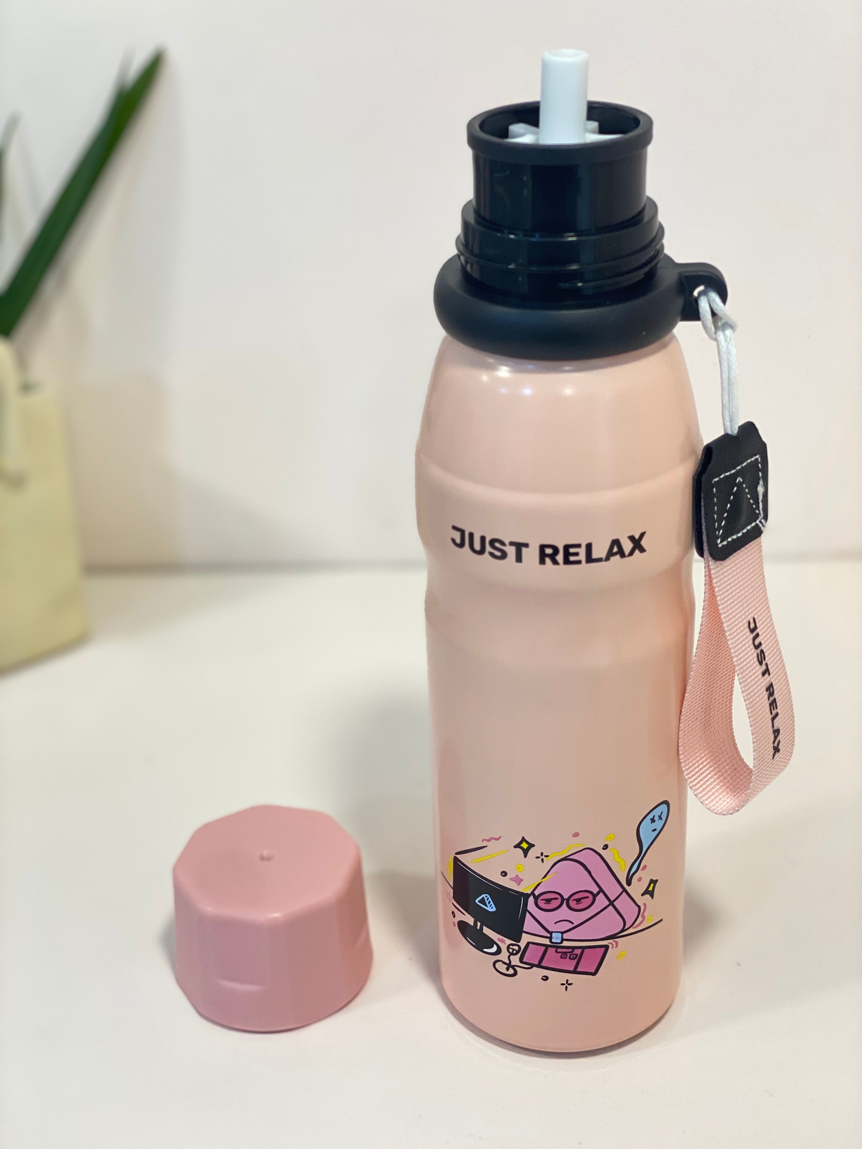 Just Relax Cute Printed Insulated Water Bottle for Kids & Teens – Stainless Steel, Leakproof & Reusable