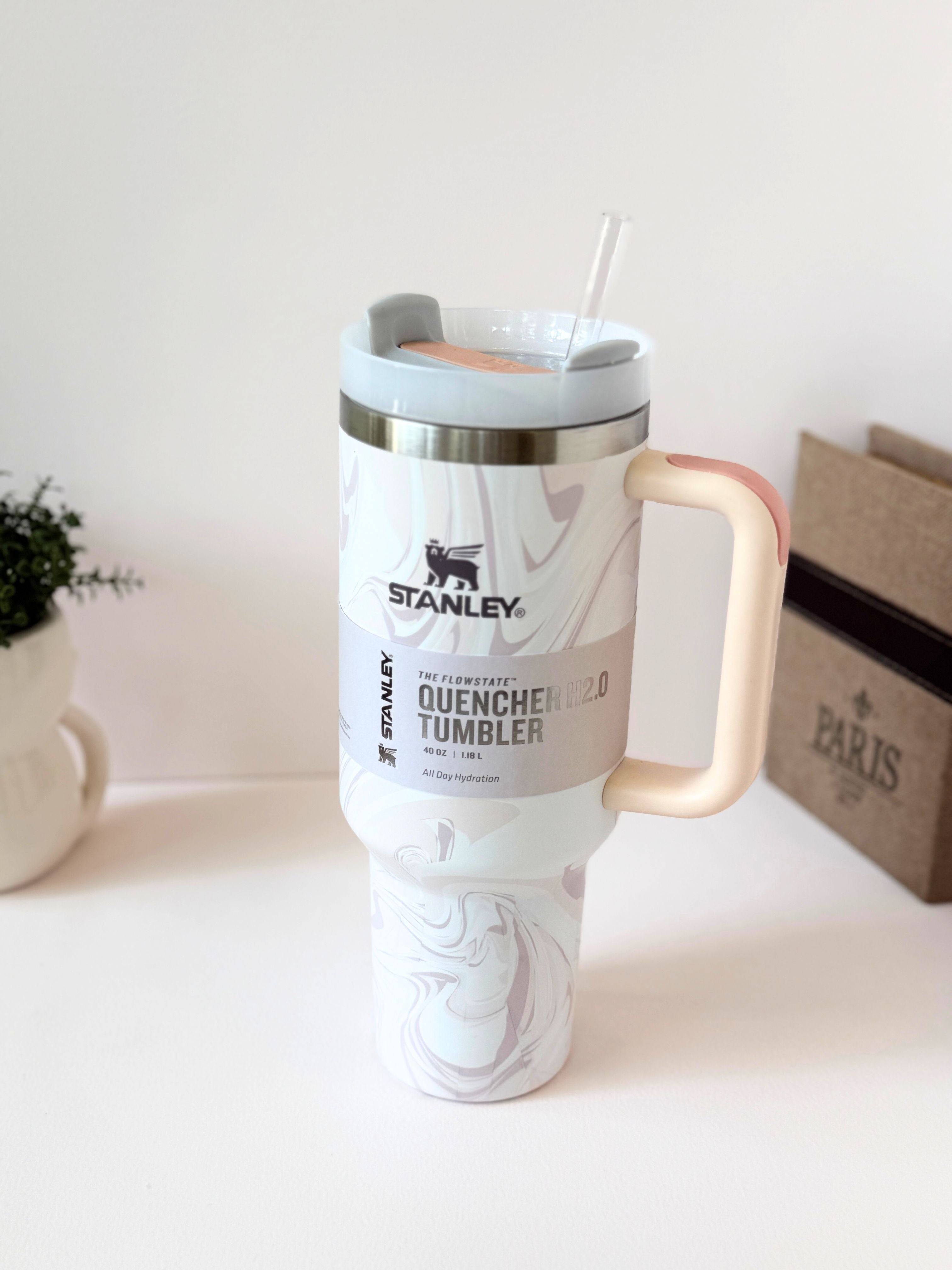 Marble Stanley Quencher Tumbler – 40 oz FlowState Insulated Water Bottle with Handle & Straw