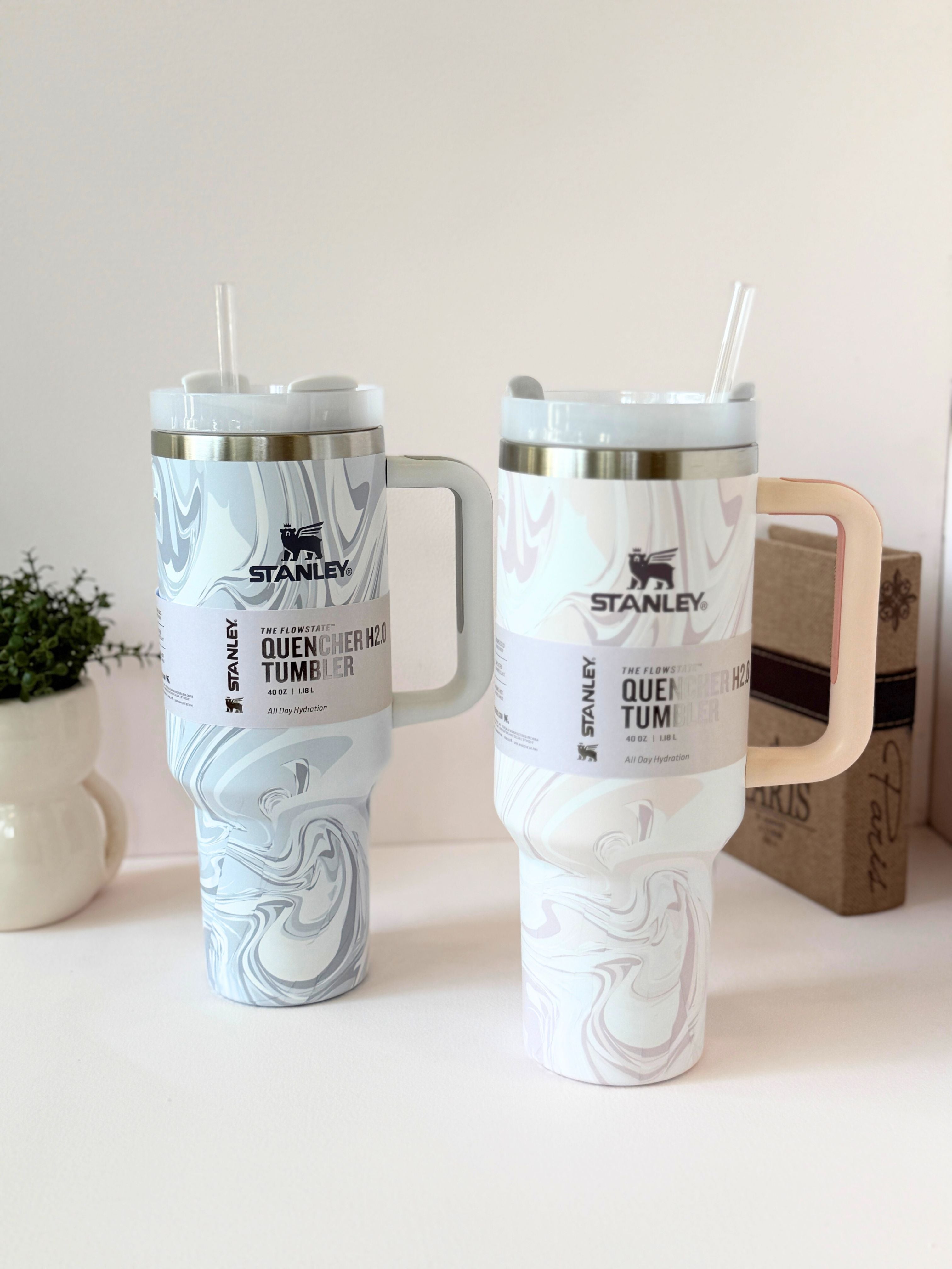 Marble Stanley Quencher Tumbler – 40 oz FlowState Insulated Water Bottle with Handle & Straw