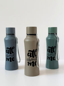 “All About Me” Stainless Steel Water Bottle – 500ml (Matte Finish | Leak-Proof | Carry Strap)