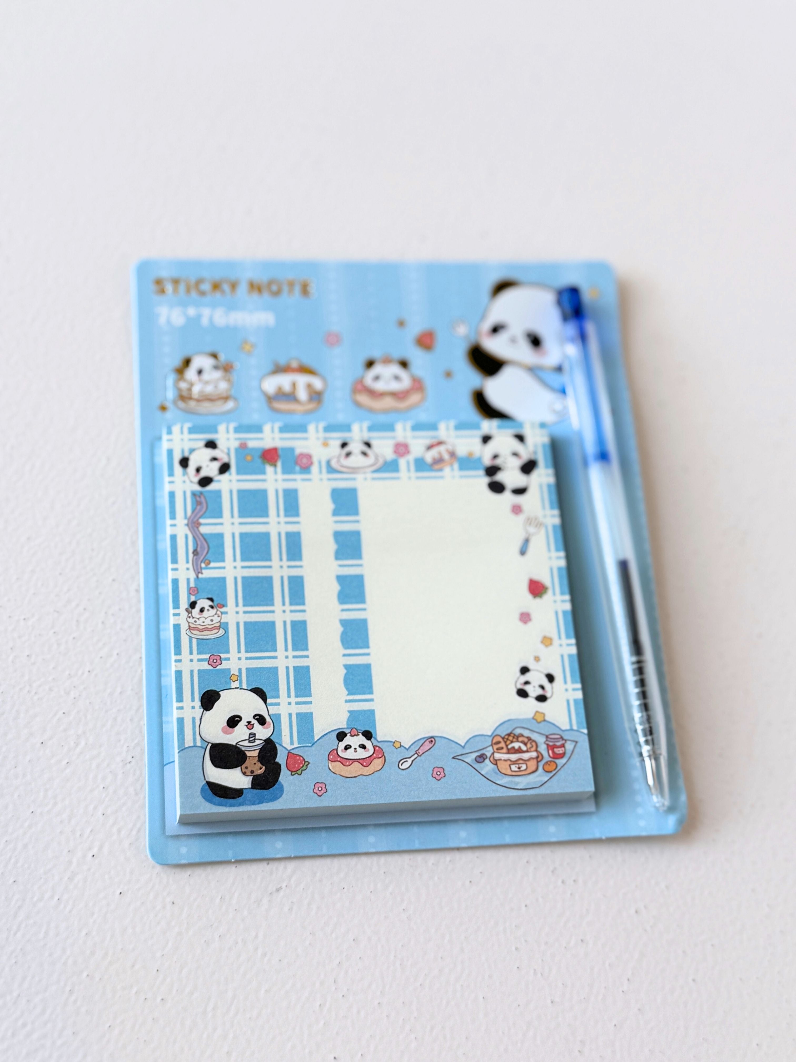 Panda Sticky Notes with Pen | 76x76mm Square Memo Pad – Cute Stationery for Notes, Journals & Gifts