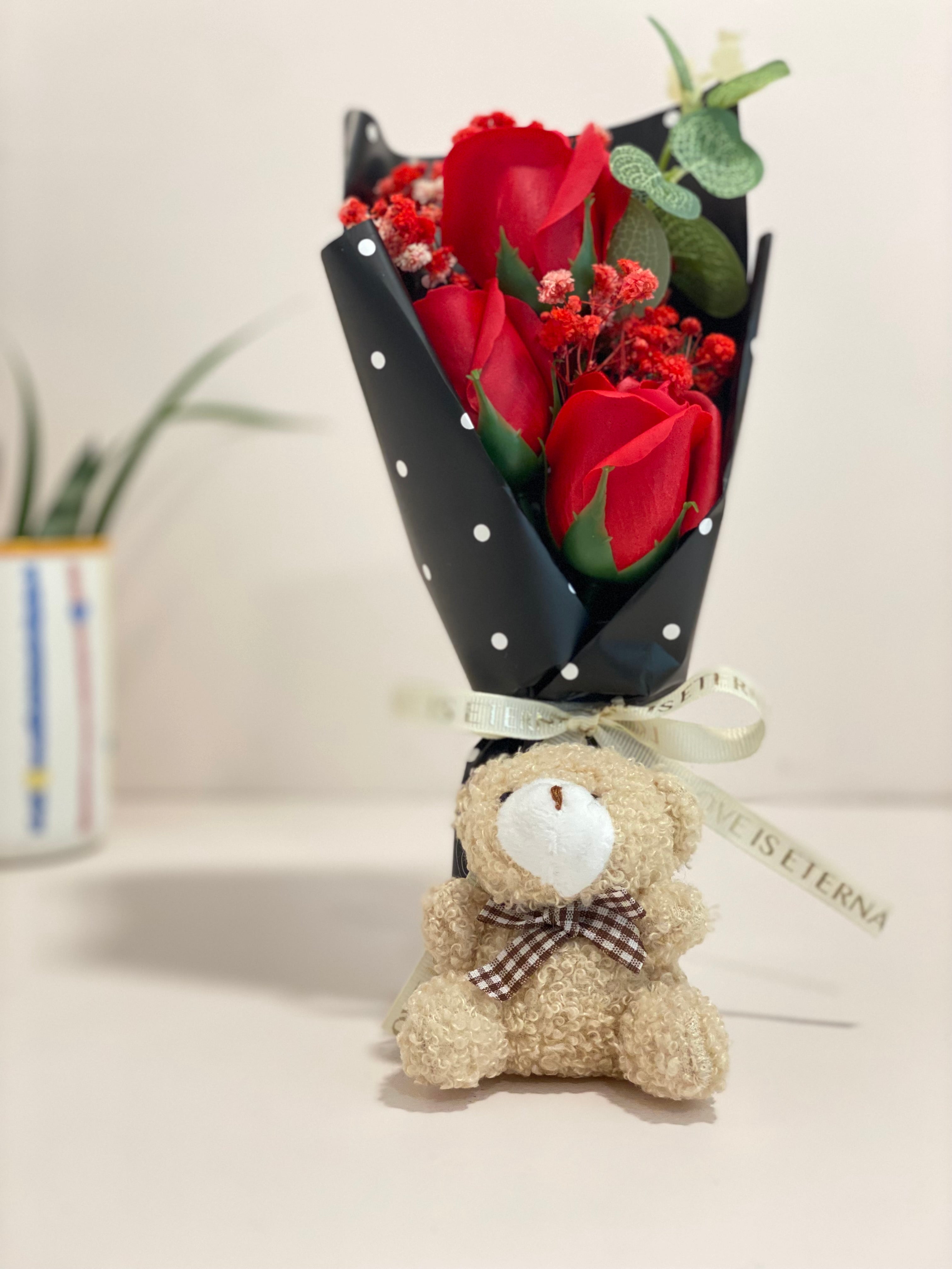 Teddy Bear Flower Bouquet Gift with Handle Display Box | Cute Plush Bear Artificial Rose Bouquet | Ready-to-Gift Romantic Keepsake