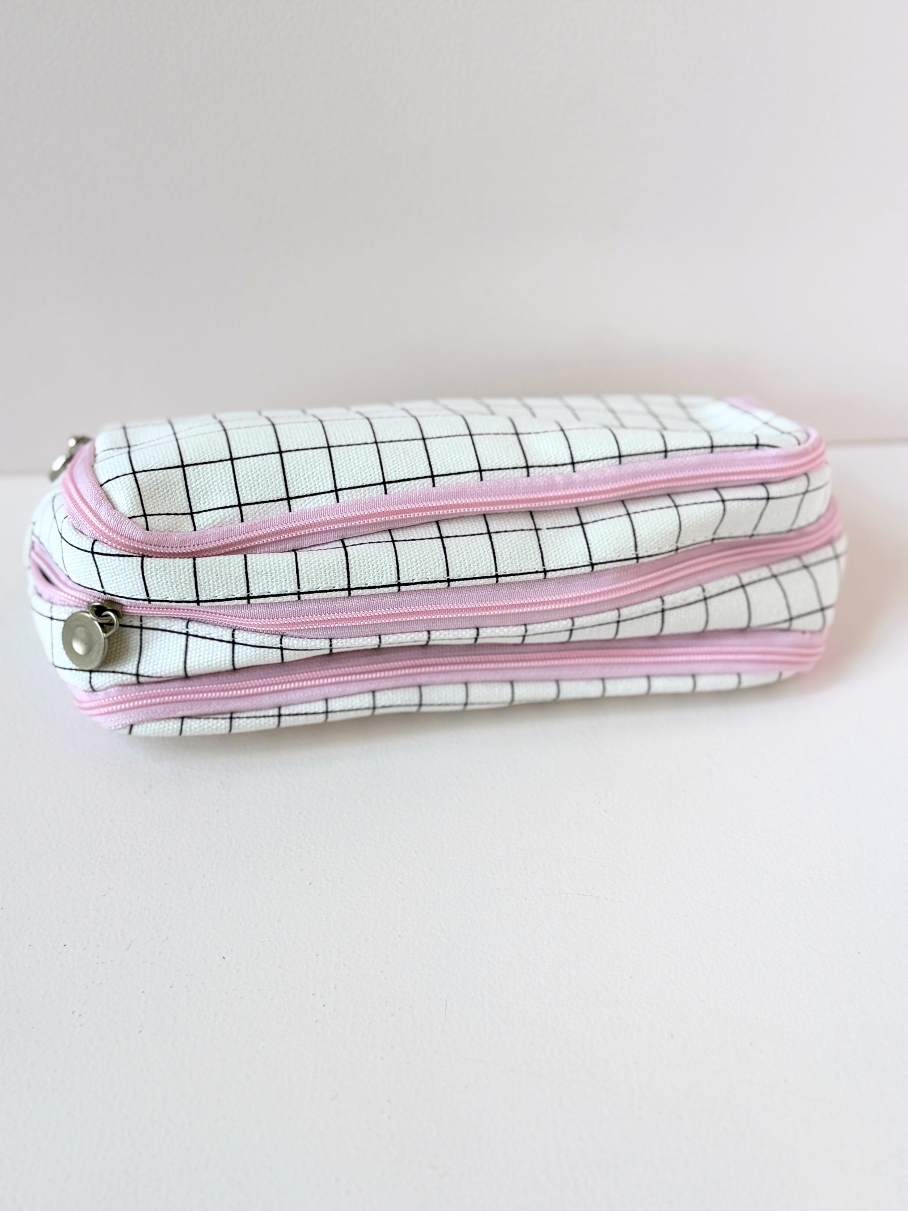 Pastel Grid Double-Layer Pencil Case – Cute & Spacious Organizer for School & Office