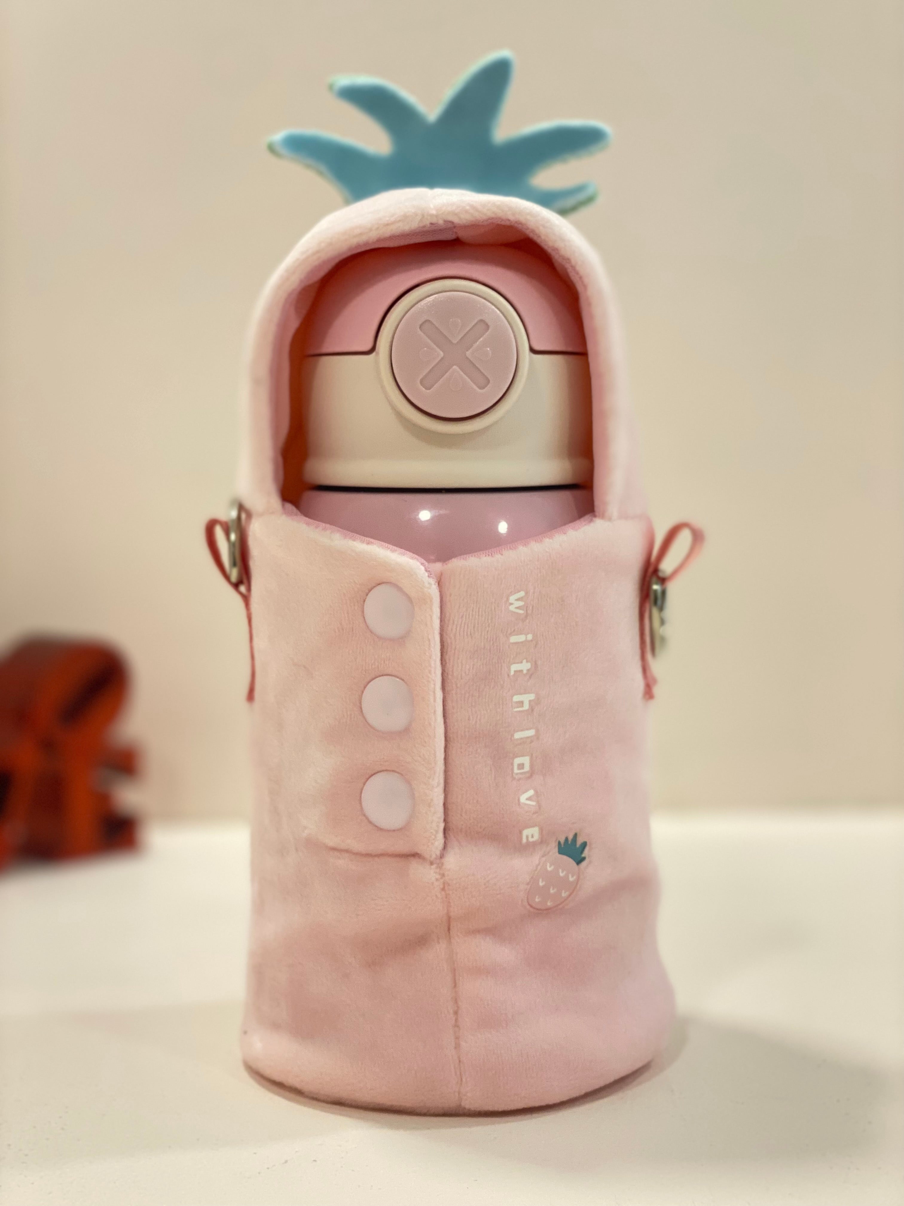 Kids Insulated Water Bottle with Cute Plush Cover & Strap – Leakproof Stainless Steel Sipper (Pink Ice Cream Design)