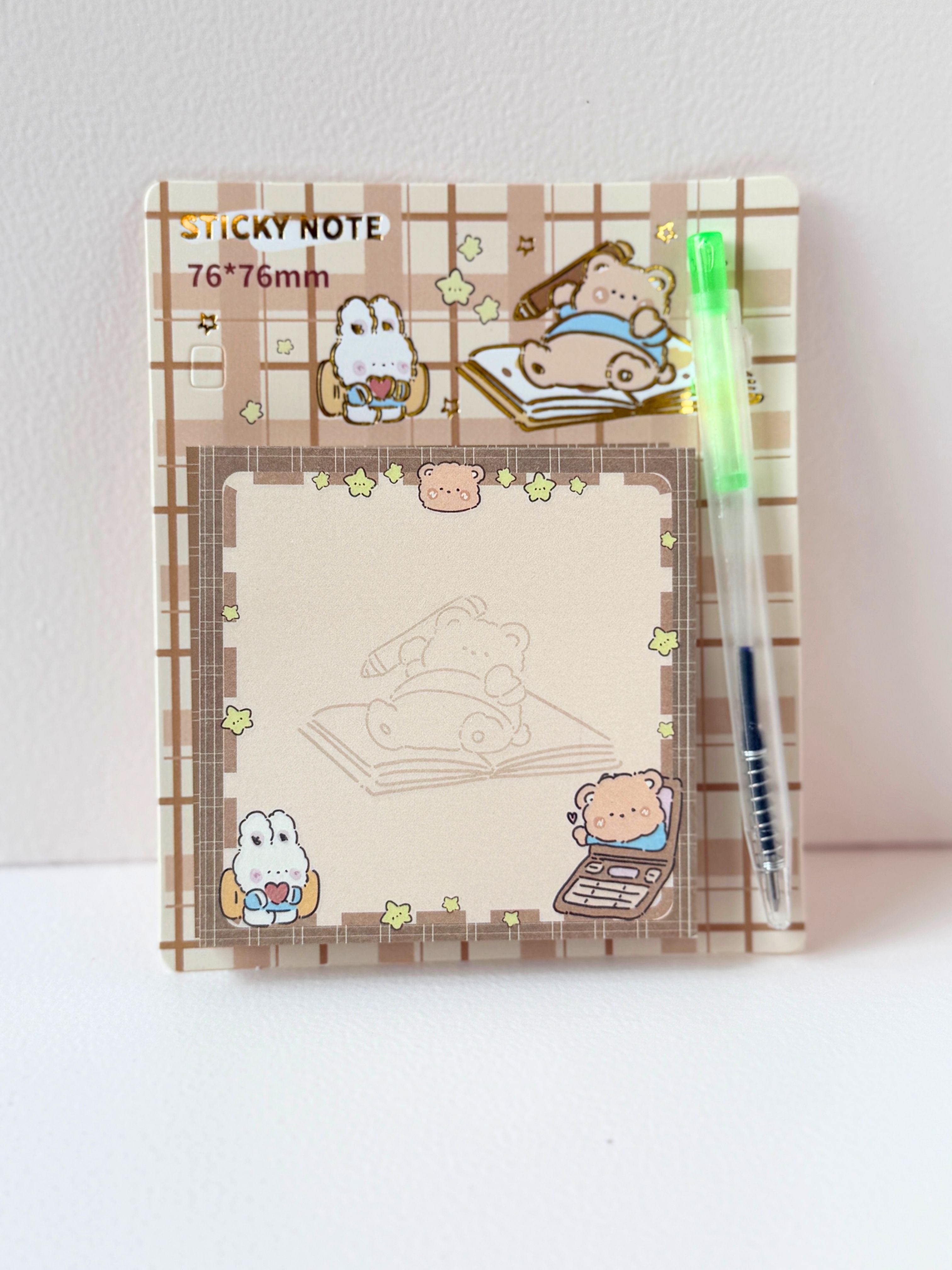 Cute Bear Sticky Note Pad with Pen – 76x76mm | Kawaii Memo Paper for Notes & Journaling