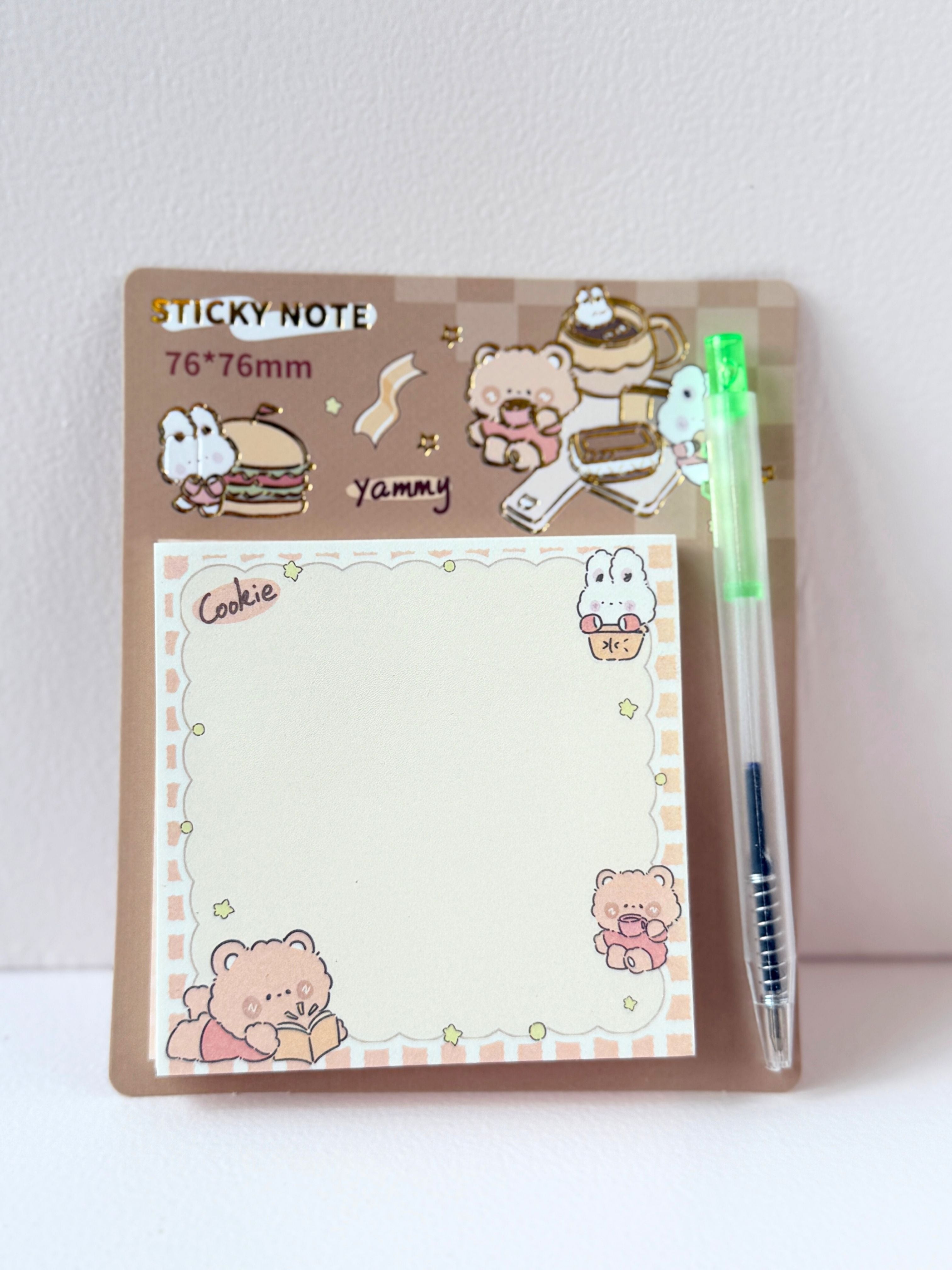 Cute Bear Sticky Note Pad with Pen – 76x76mm | Kawaii Memo Paper for Notes & Journaling