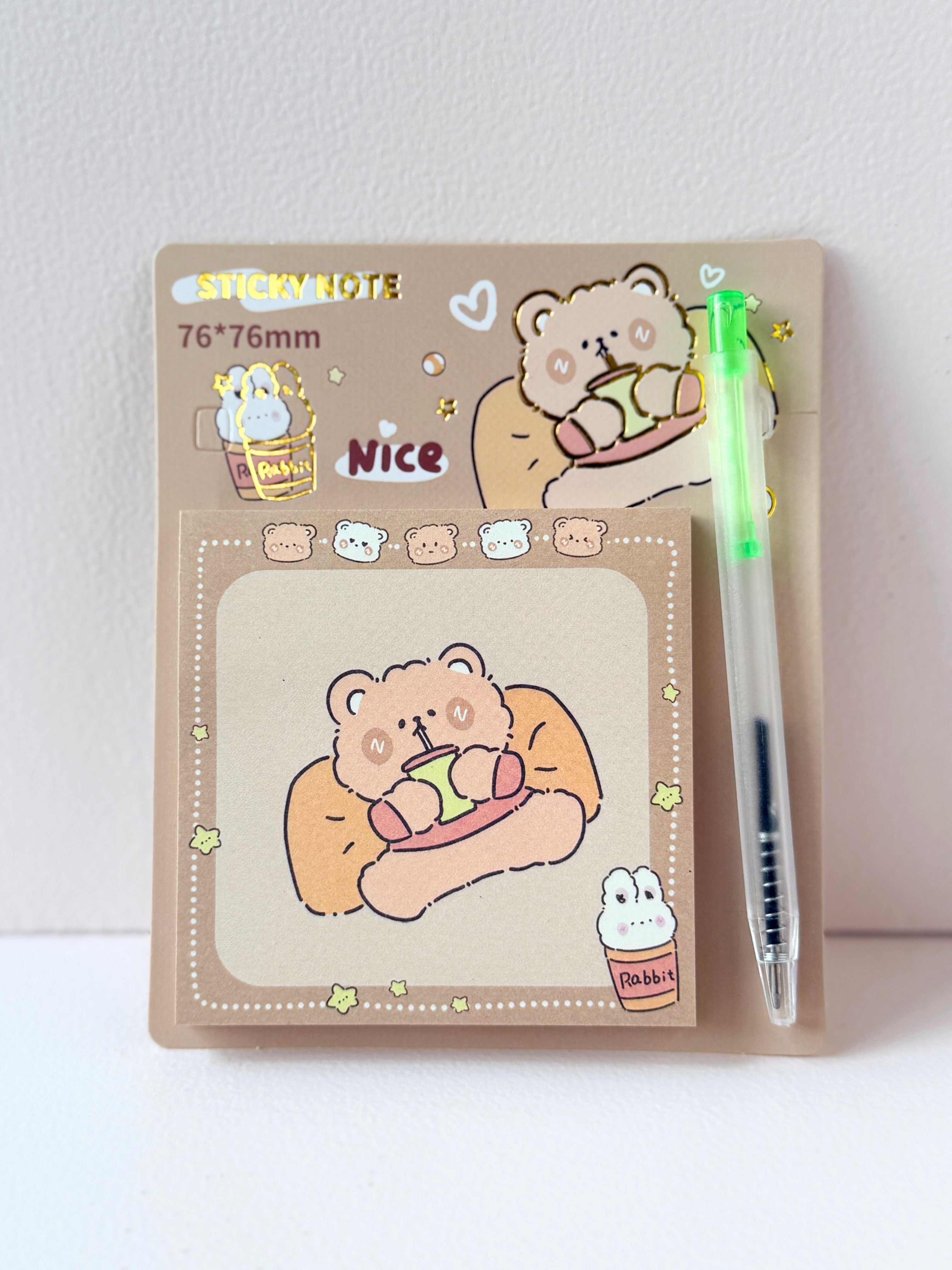 Cute Bear Sticky Note Pad with Pen – 76x76mm | Kawaii Memo Paper for Notes & Journaling