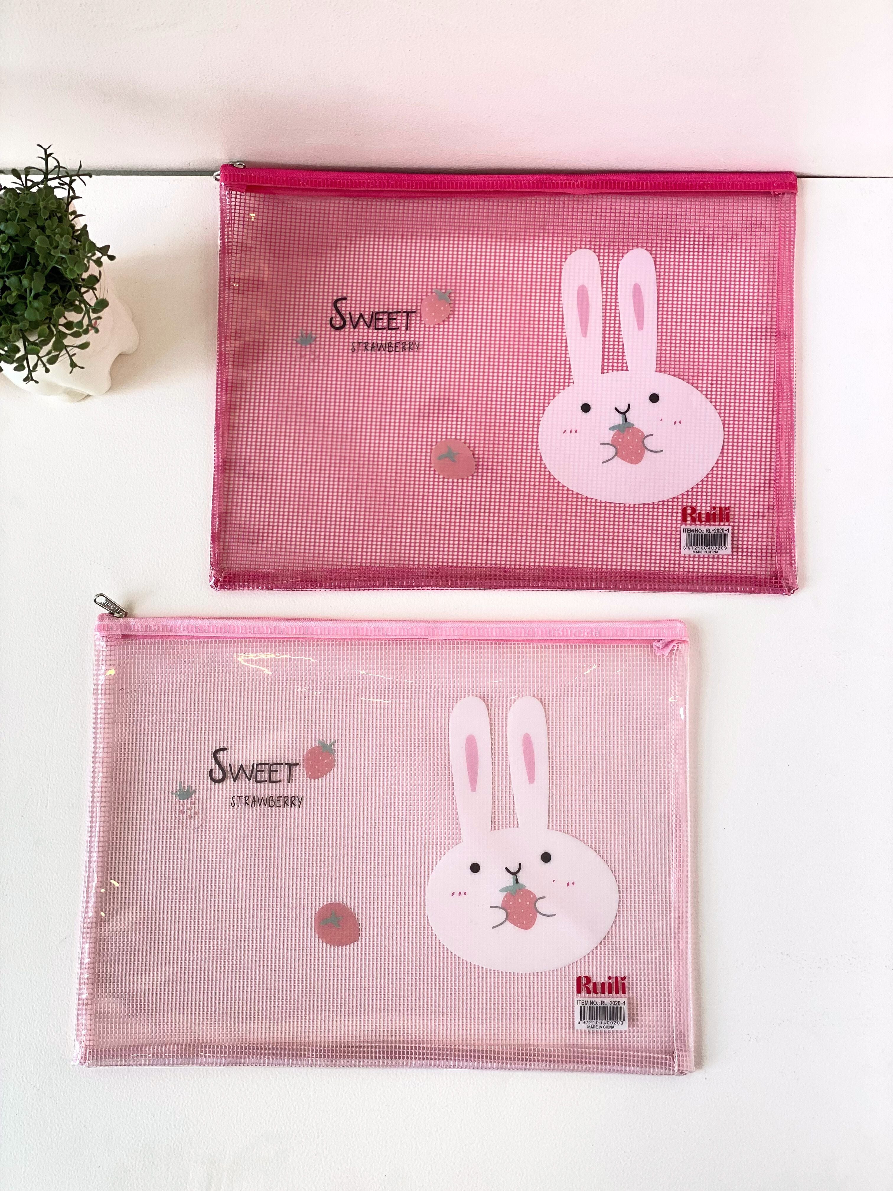 Cute Bunny Mesh Zipper Pouch – Sweet Strawberry Pink Stationery Bag