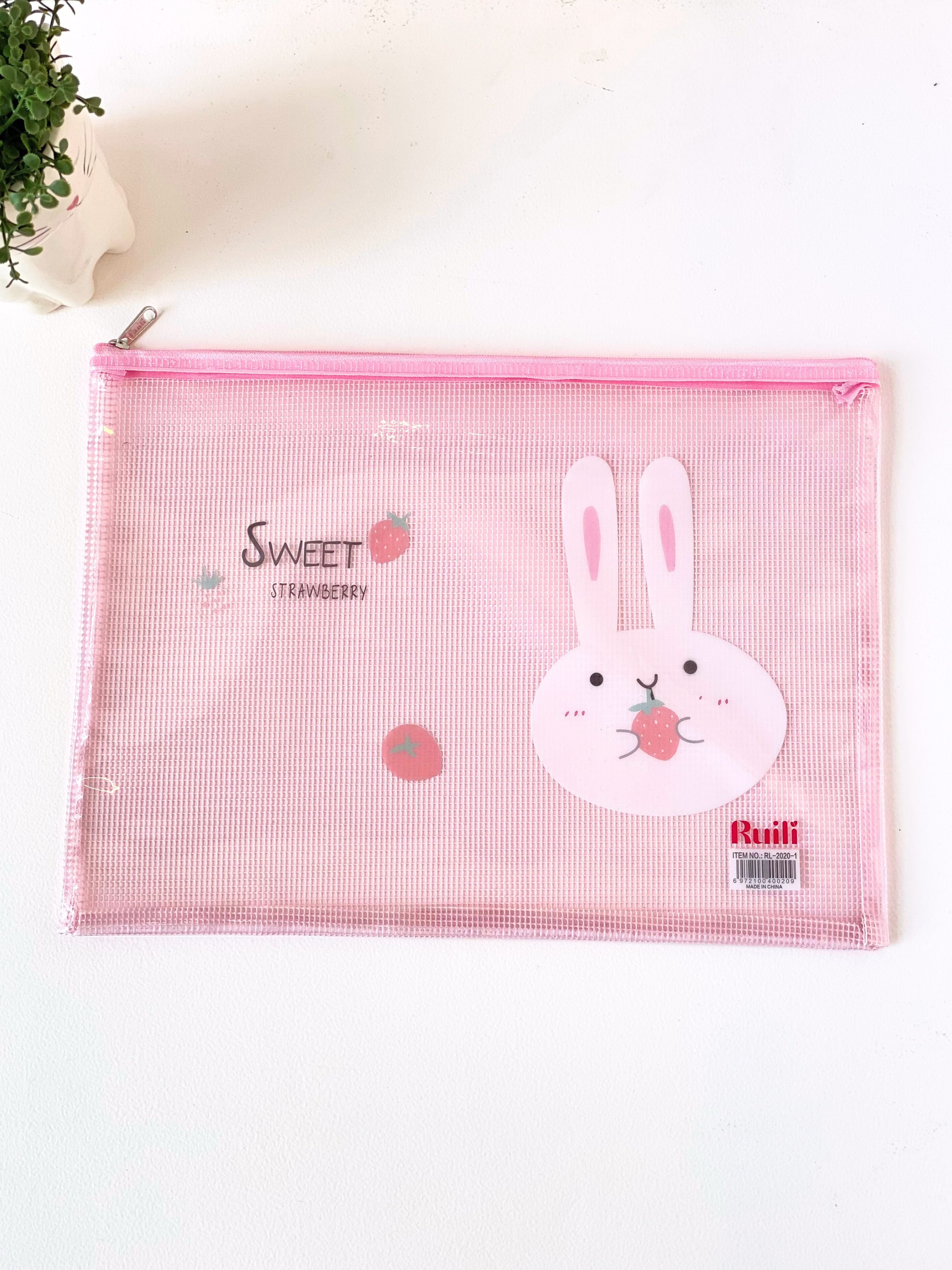 Cute Bunny Mesh Zipper Pouch – Sweet Strawberry Pink Stationery Bag