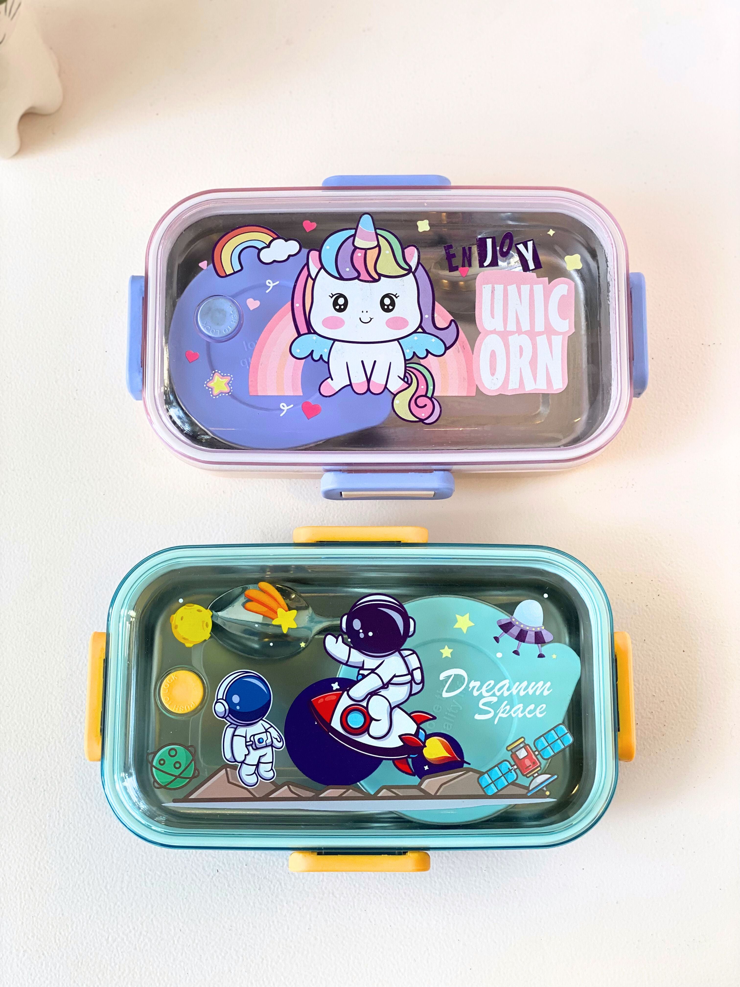 Cute Kids Bento Lunch Box with Spoon – Unicorn & Space Theme | Leakproof & Stainless Steel Interior