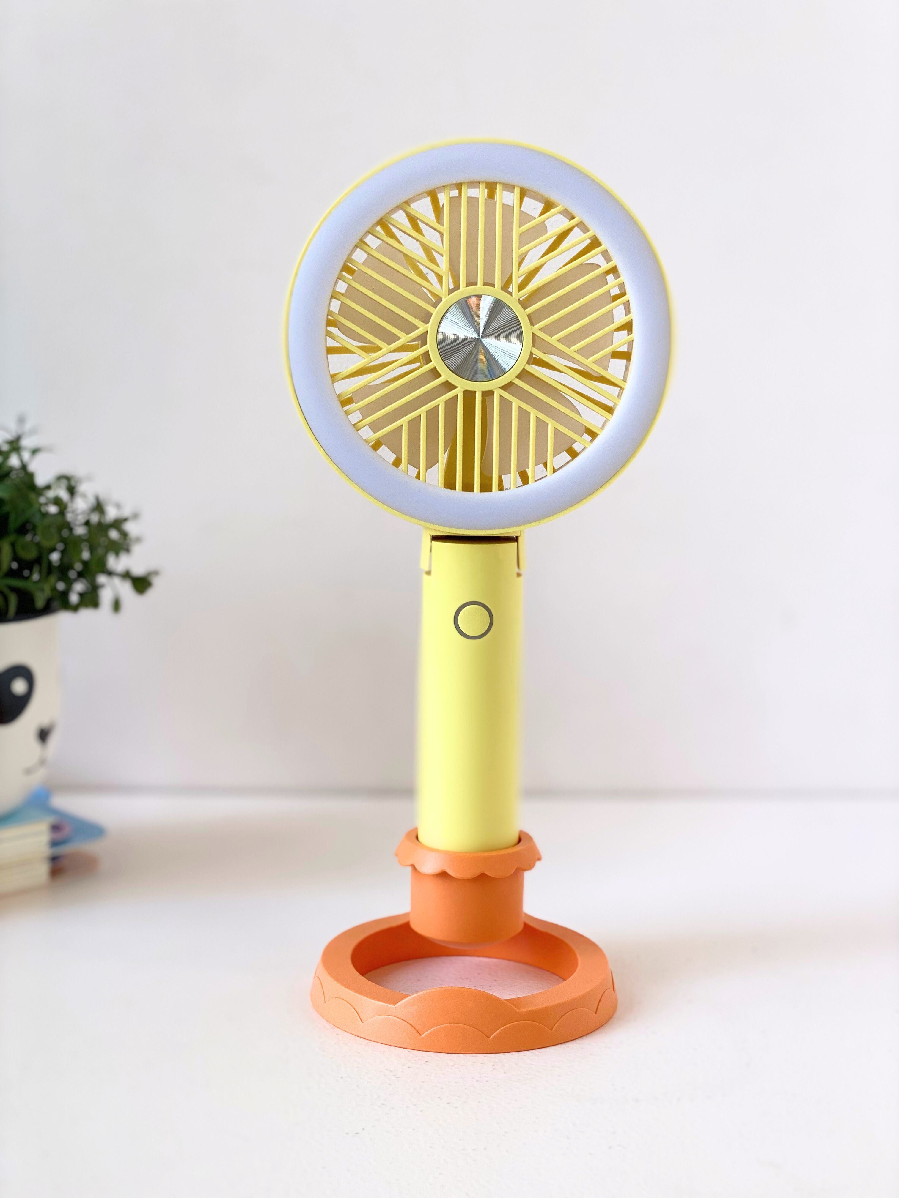 Rechargeable Yellow Mini Table Fan with LED Ring Light | Portable & Cute Desk Fan for Kids & Travel