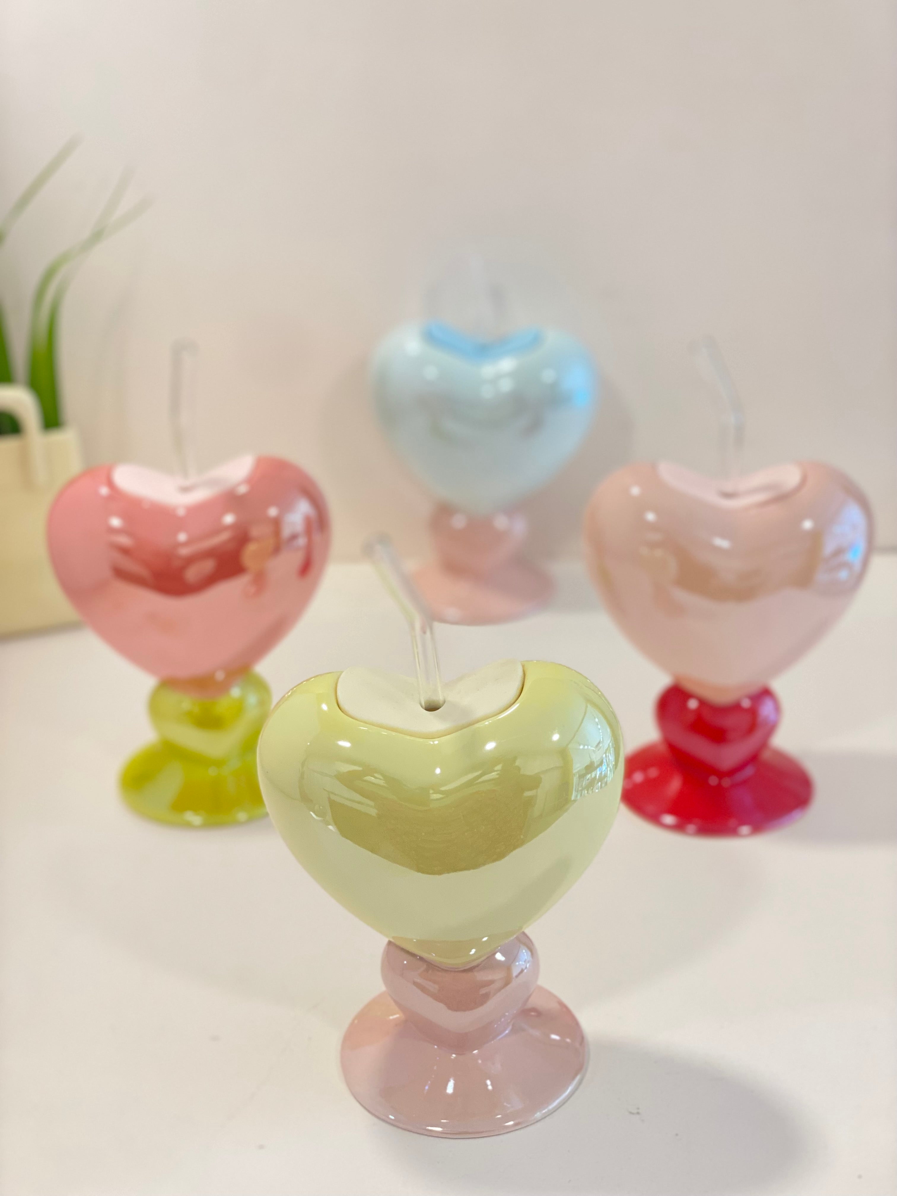 Heart Shape Ceramic Drinking Cup with Glass Straw & Lid | Aesthetic Pastel Mug | Cute Coffee & Juice Cup | Giftable Home & Café Drinkware