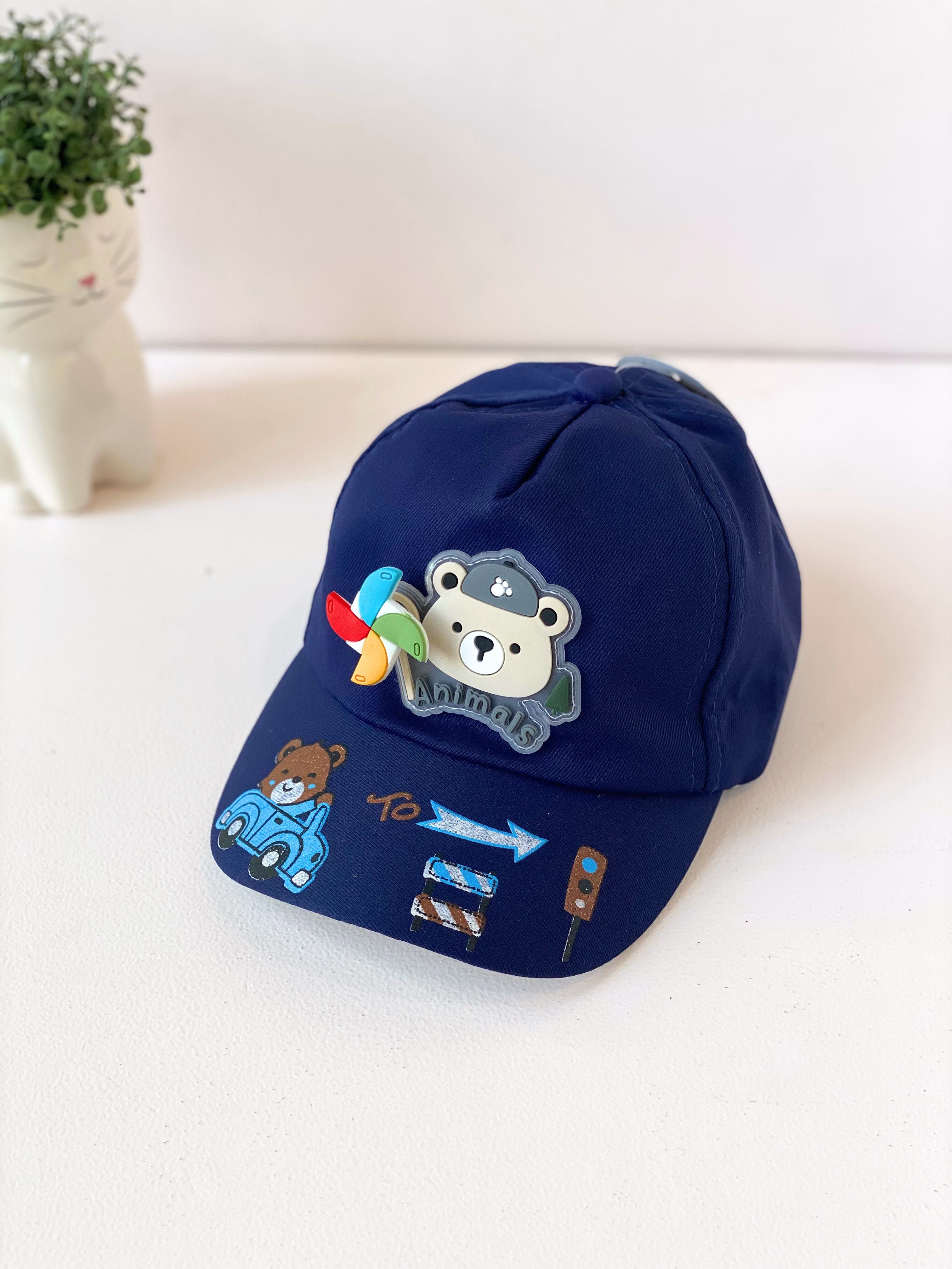 Cute Bear & Car Adventure Kids Cap – Navy Blue or Pink | 3D Pinwheel & Traffic Theme