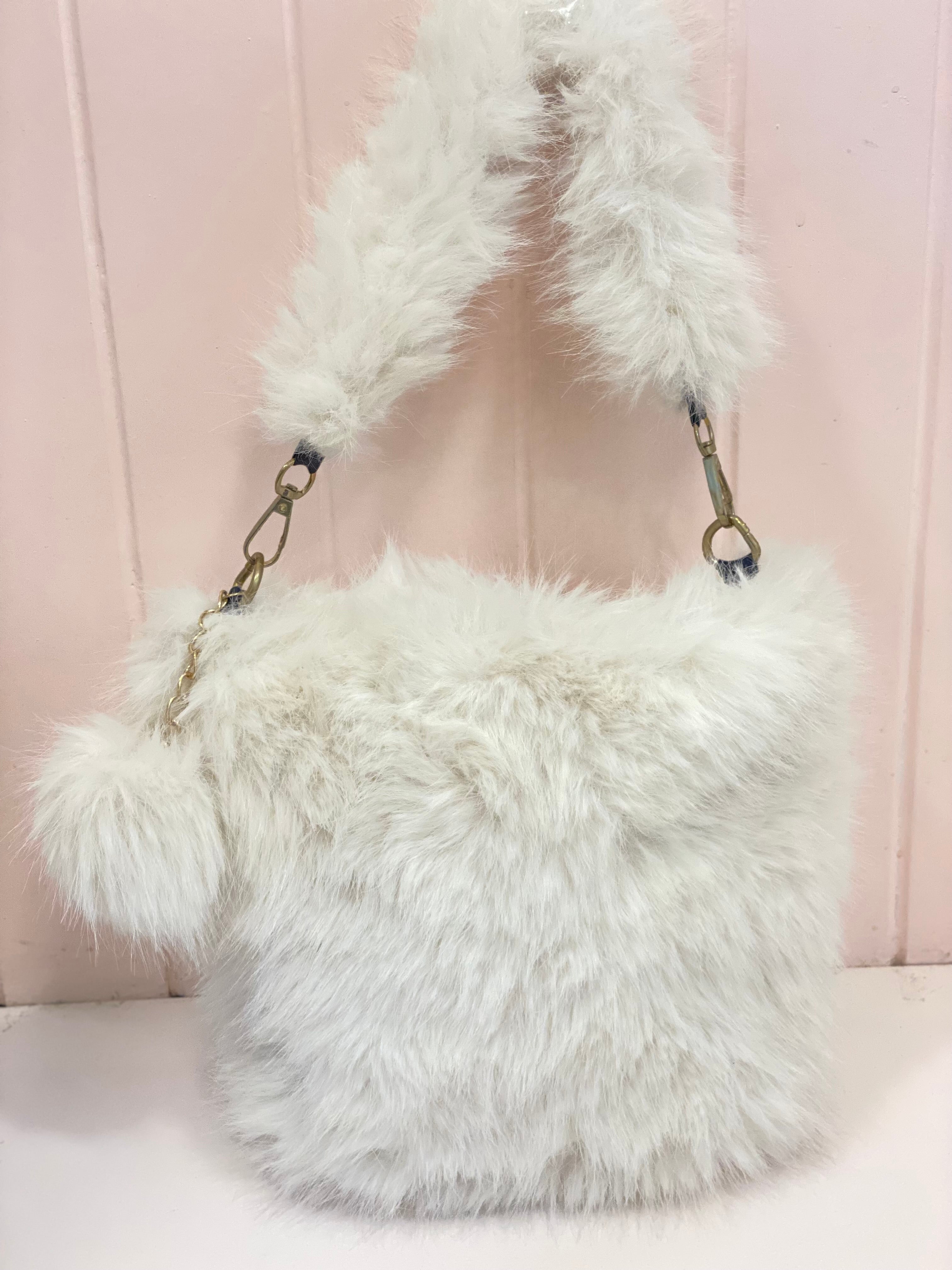 Cute Fluffy Faux Fur Handbag with Pom Pom Charm – Soft Plush Mini Tote Bag for Girls & Women