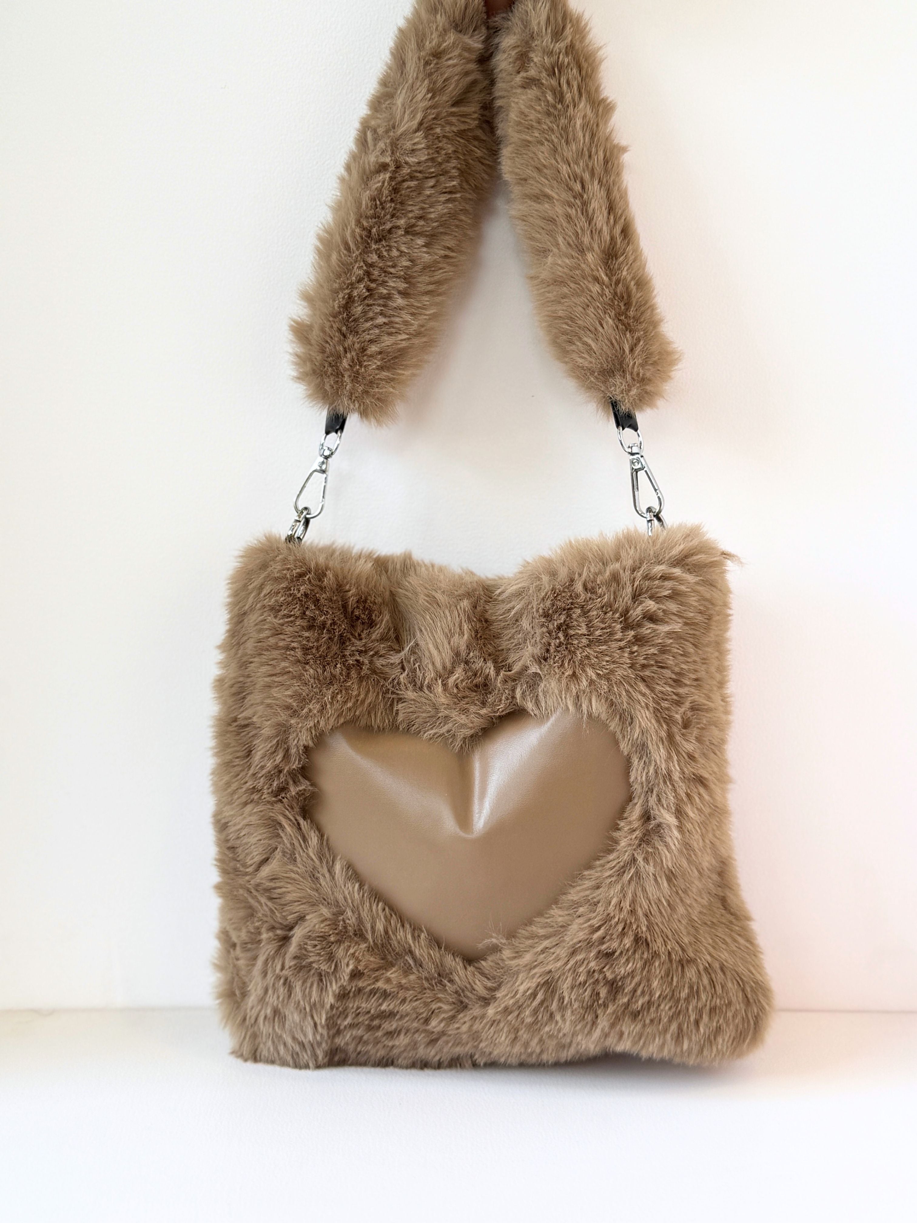 Plush Heart-Panel Furry Bags – Soft, Sweet & Stylish for All Ages