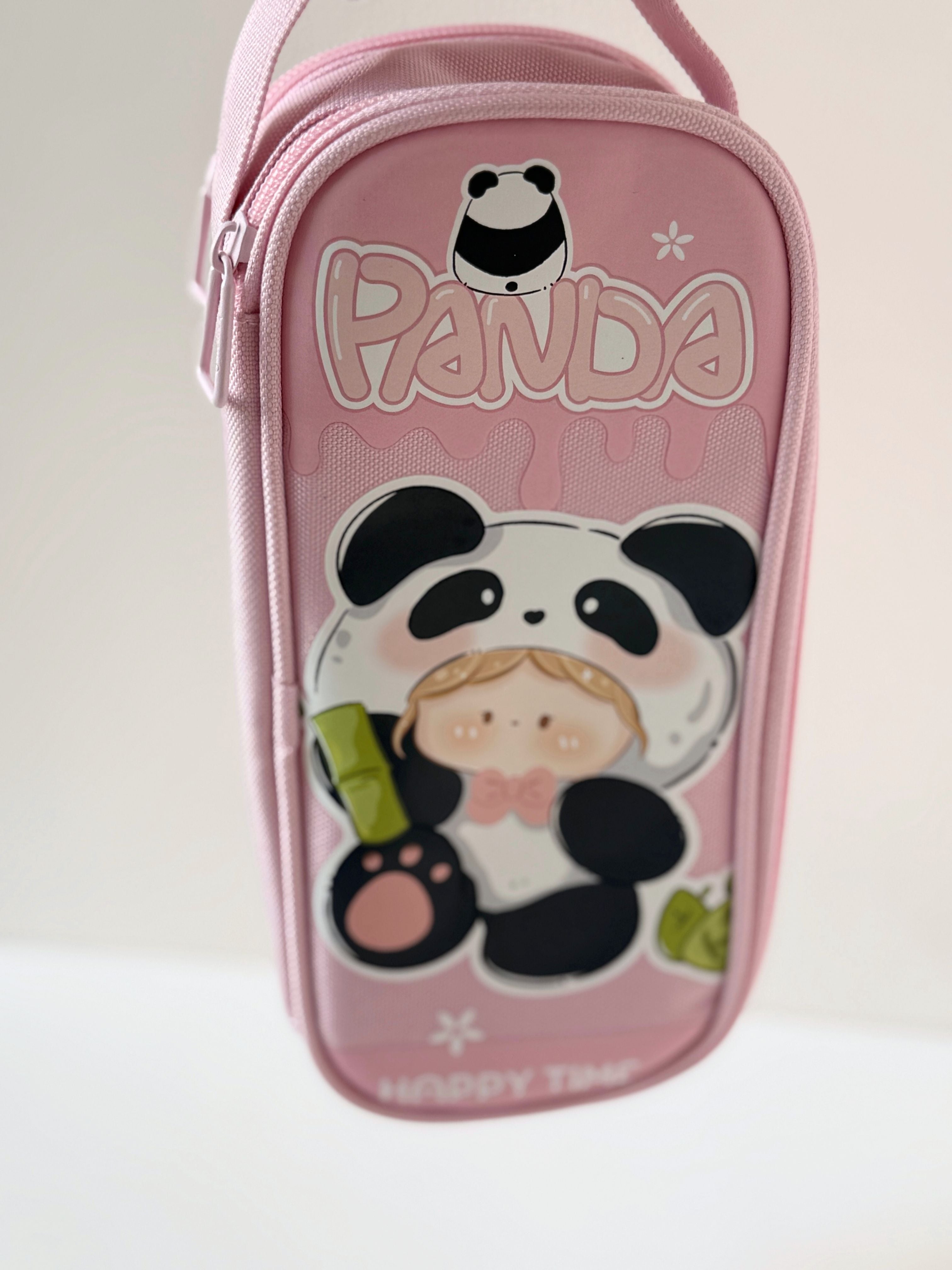 Cute Panda Pencil Case – Multi-Compartment Zipper Pouch with Stationery Set | “Happy Time” Design
