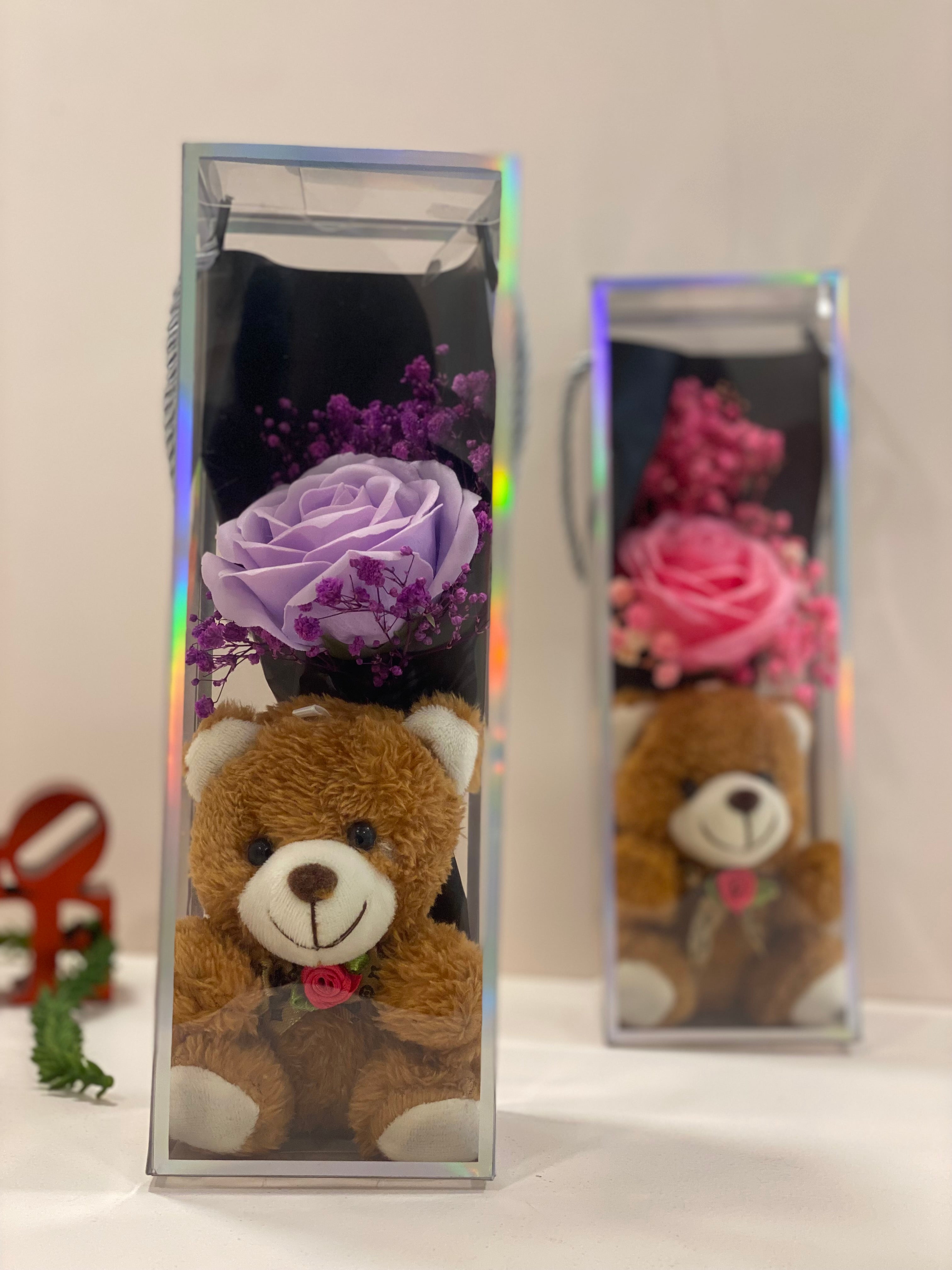 Teddy Bear Flower Bouquet Gift with Handle Display Box | Cute Plush Bear Artificial Rose Bouquet | Ready-to-Gift Romantic Keepsake