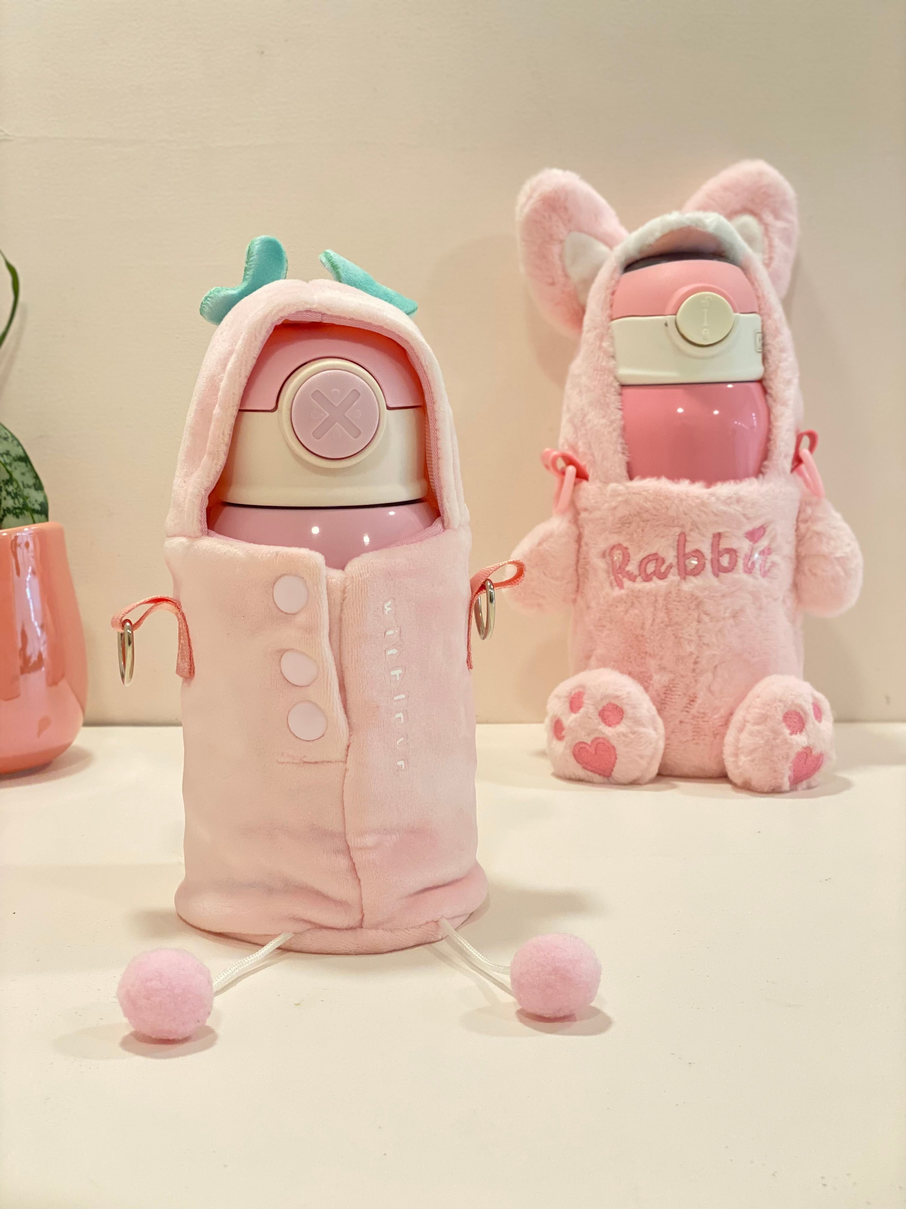 Kids Insulated Water Bottle with Cute Plush Cover & Strap – Leakproof Stainless Steel Sipper (Pink Ice Cream Design)