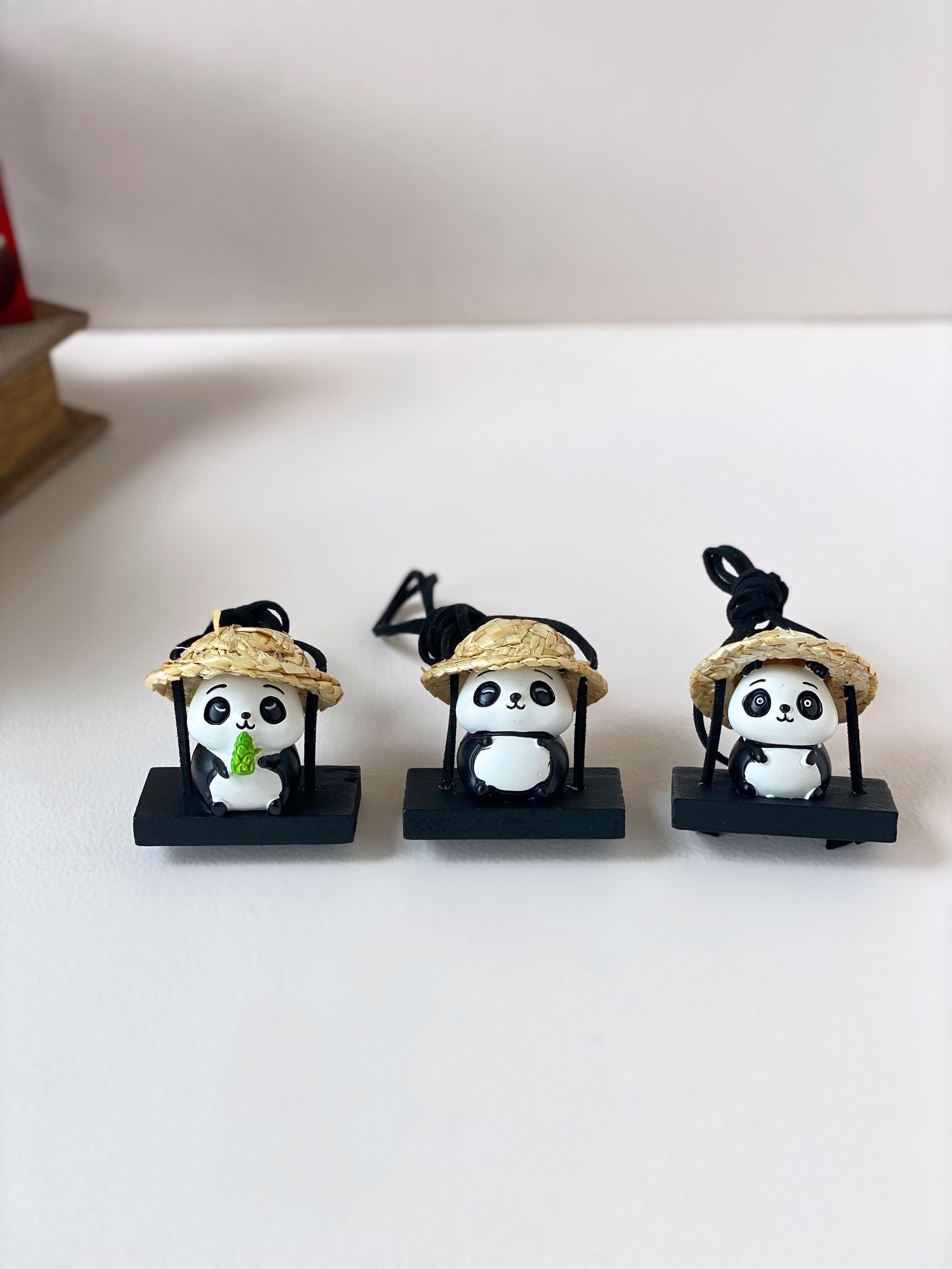 Mini Panda Swing Figurine – Cute Hanging Panda with Straw Hat