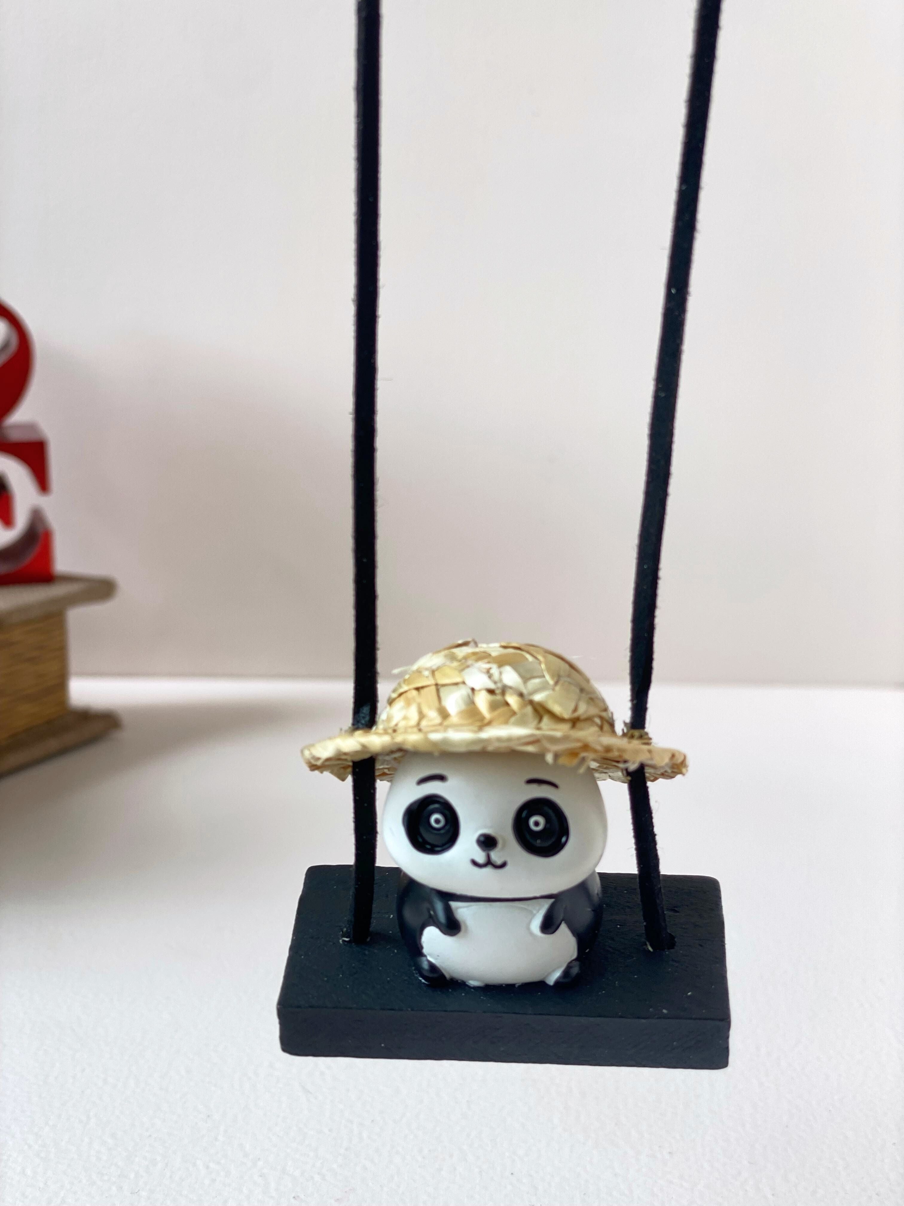 Mini Panda Swing Figurine – Cute Hanging Panda with Straw Hat